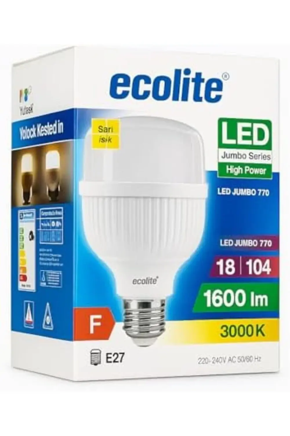18W LED Ampul, 3000K Sarı Işık, 1600 Lümen, 104W Eşdeğer, E27 Duy