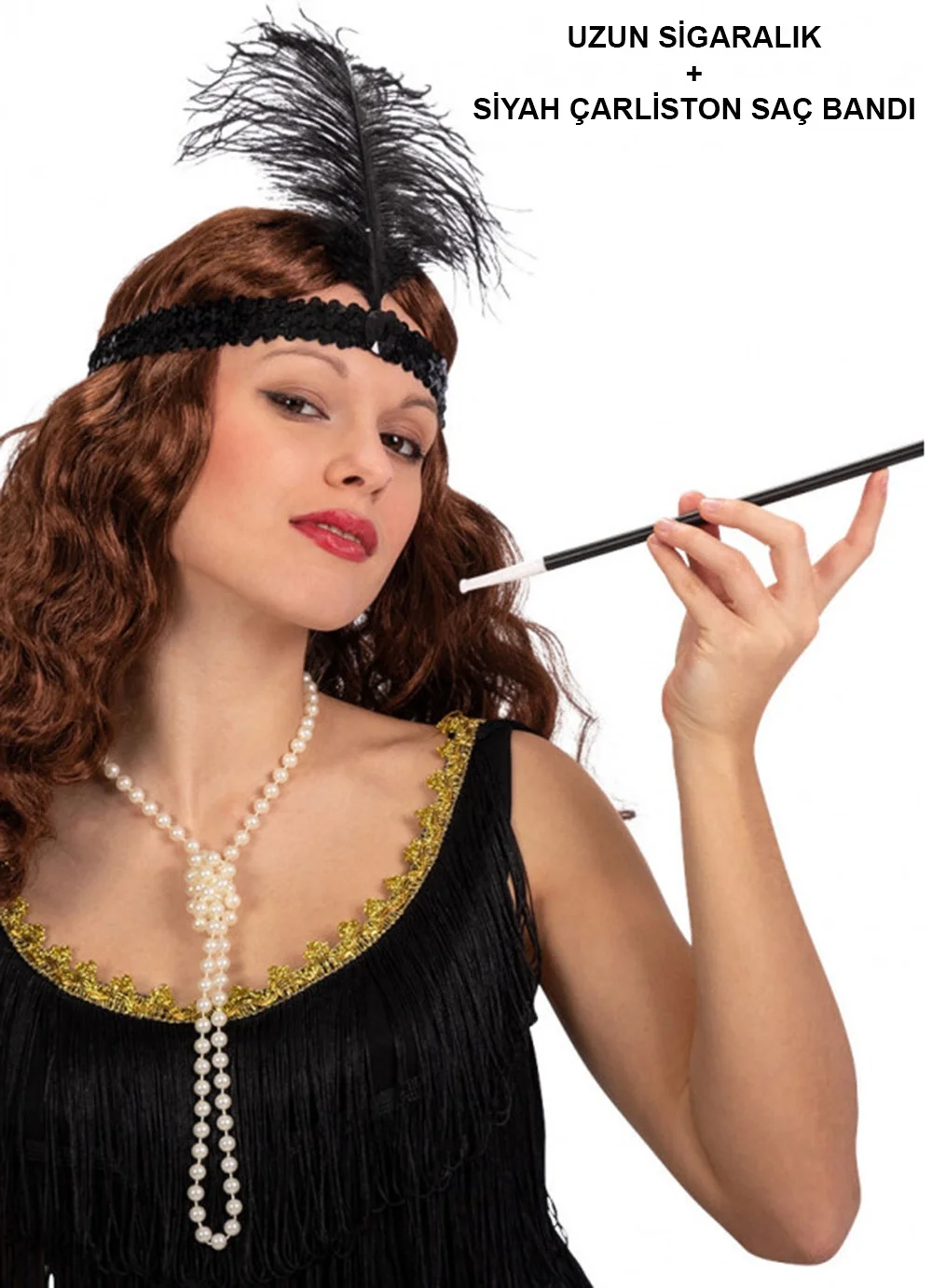 1920'ler Gatsby Aksesuar Seti – Siyah Charleston Saç Bandı &amp; Sigaralık