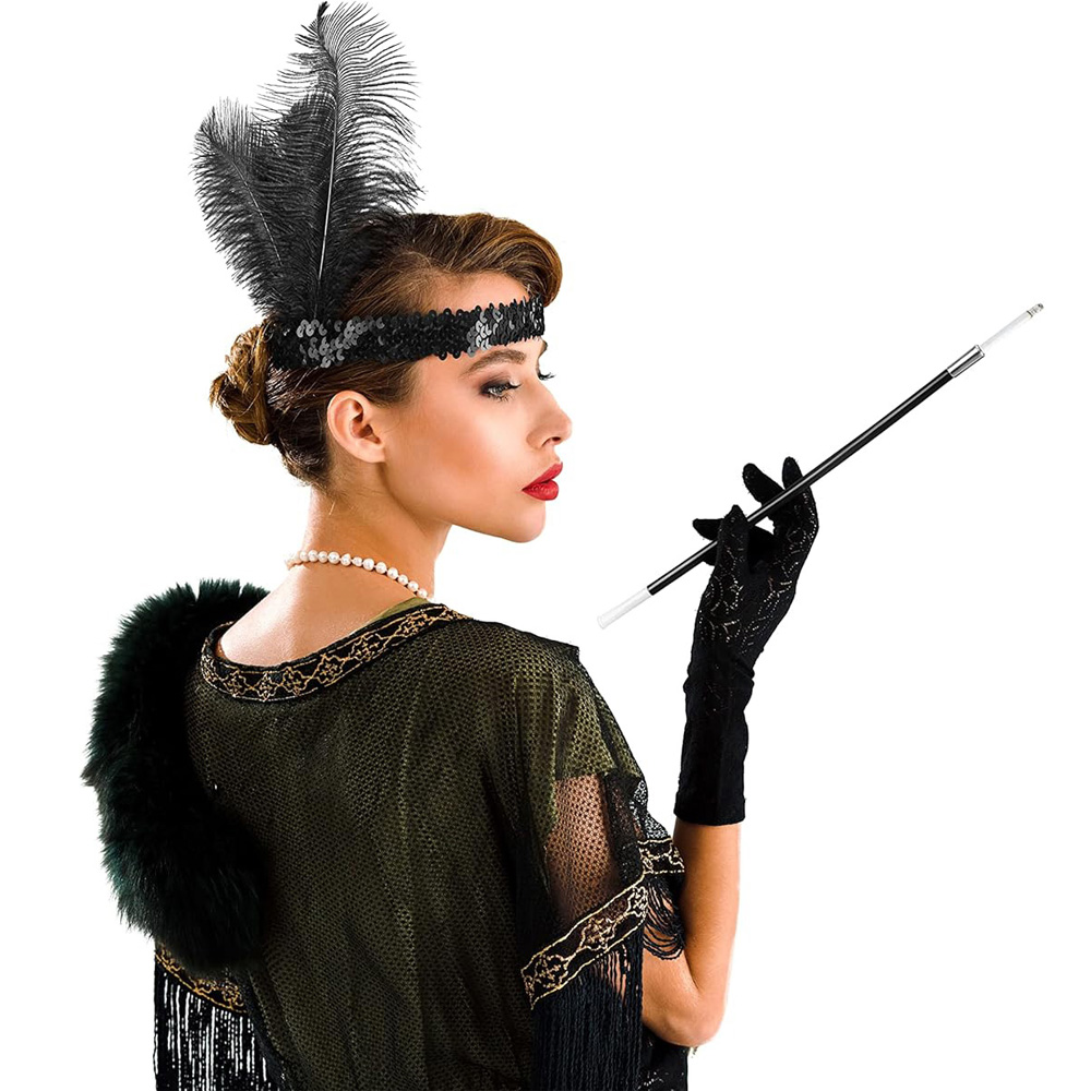 1920'ler Gatsby Aksesuar Seti – Siyah Charleston Saç Bandı & Siga