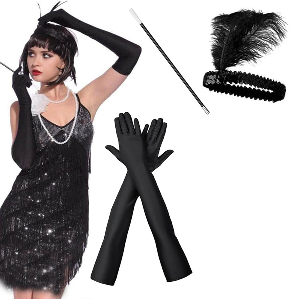 1920'ler Gatsby Aksesuar Seti – Siyah Charleston Saç Bandı, Uzun 1920'ler Gatsby Aksesuar Seti – Siyah Charleston Saç Bandı, Uzun