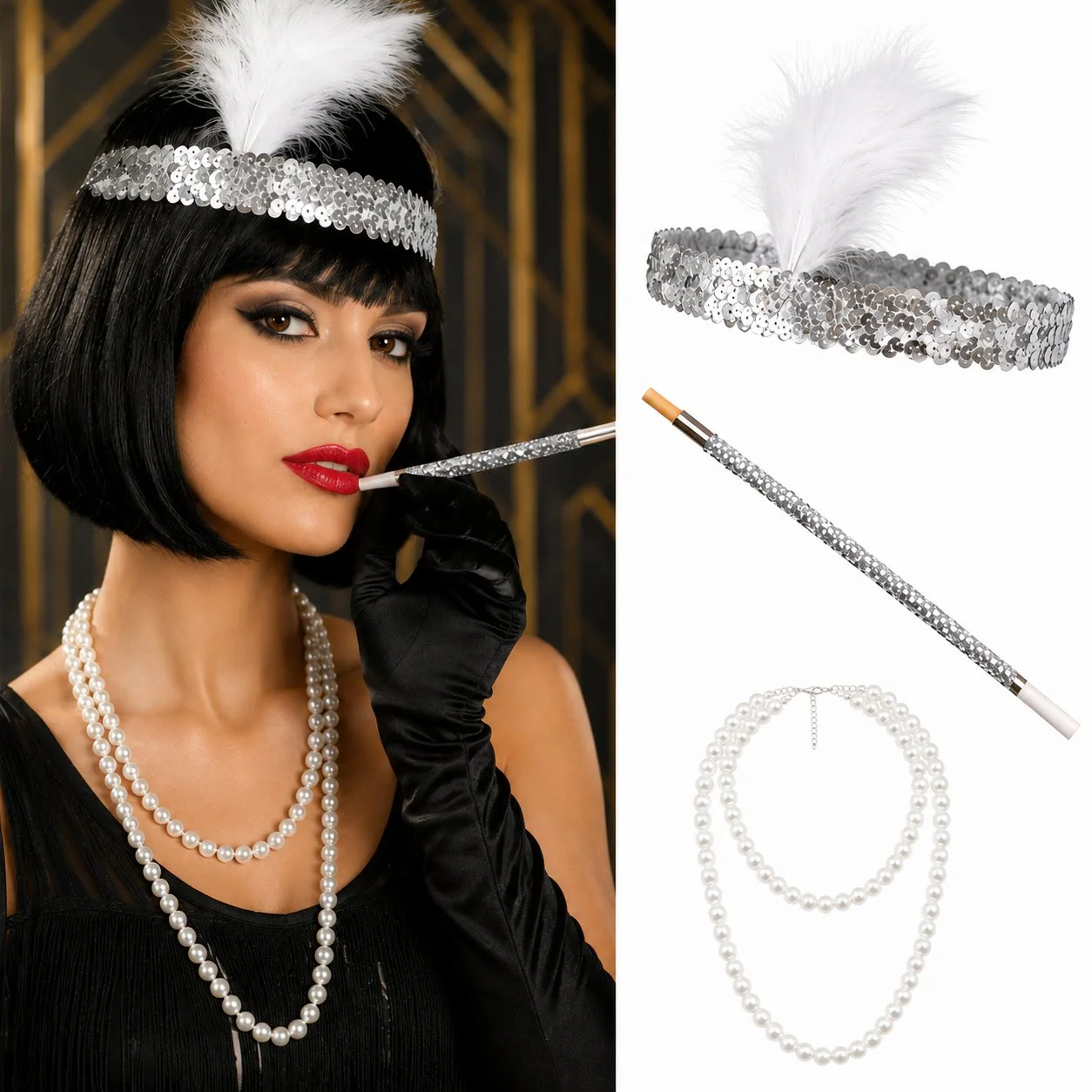 1920'ler Gatsby Gümüş Parti Seti - Çarliston Saç Bandı, İnci Koly