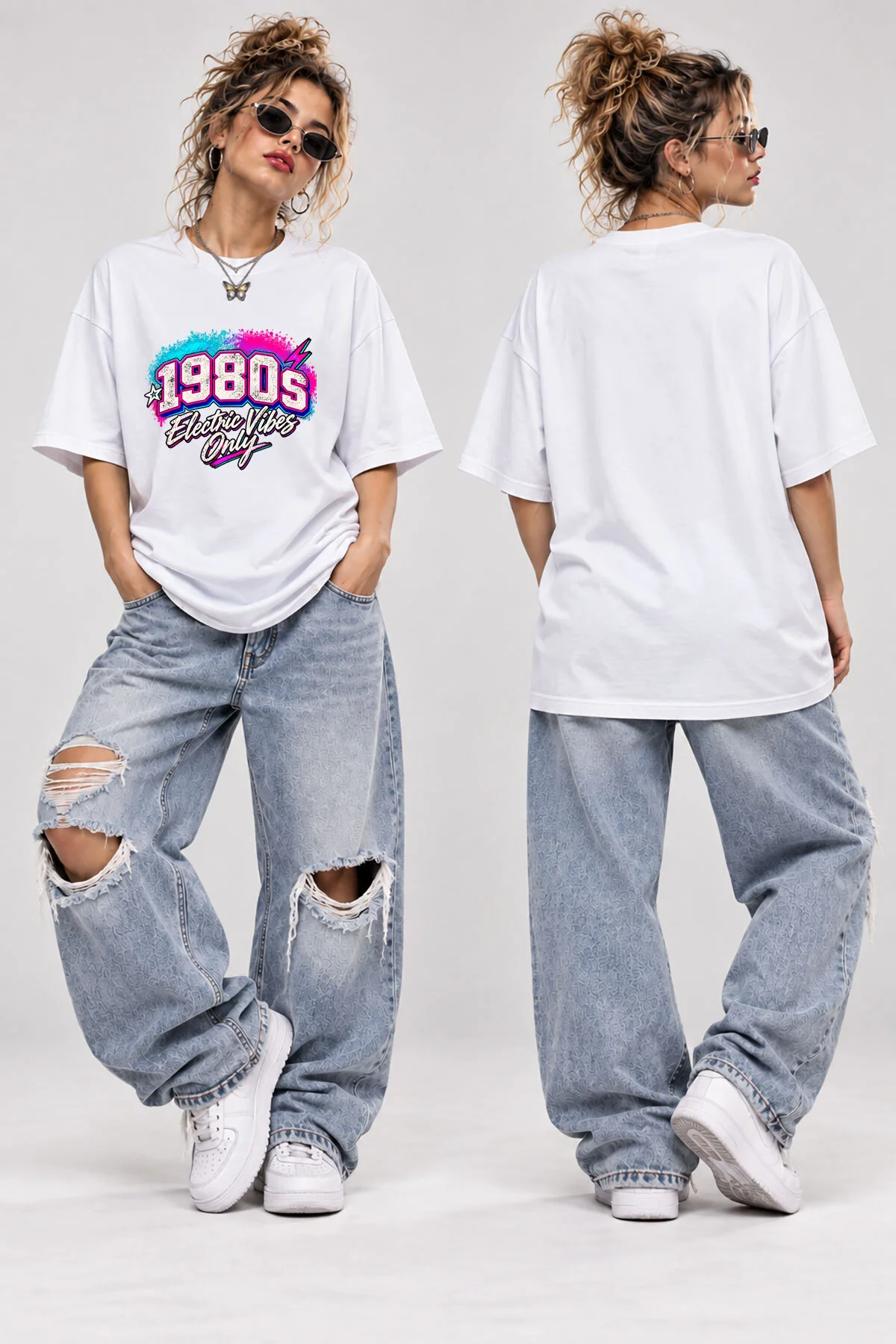 1980s Electric Vibes Baskılı Oversize T-Shirt Unisex Retro Y2K Vintage Streetwear Tişört