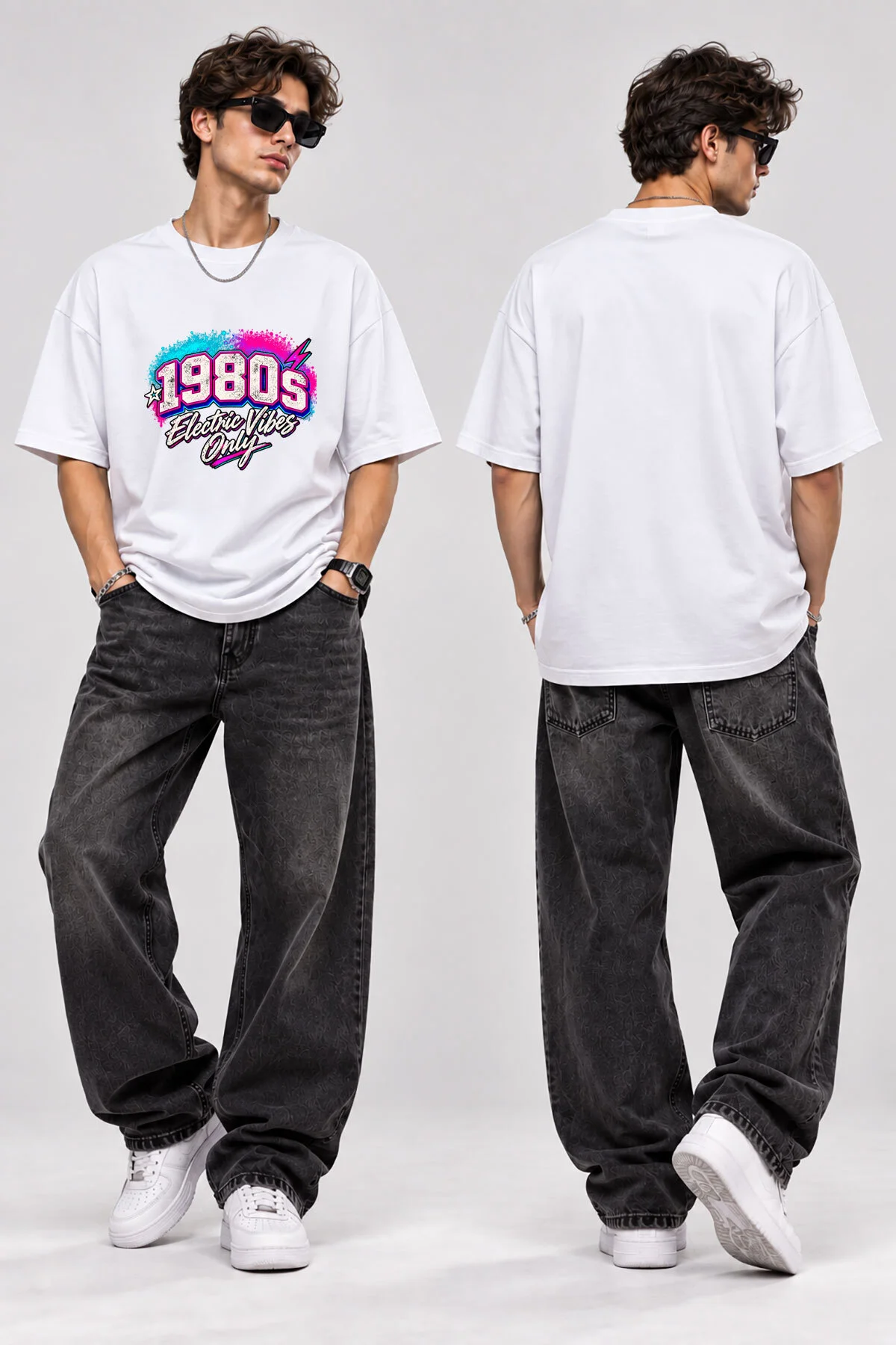 1980s Electric Vibes Baskılı Oversize T-Shirt Unisex Retro Y2K Vintage Streetwear Tişört