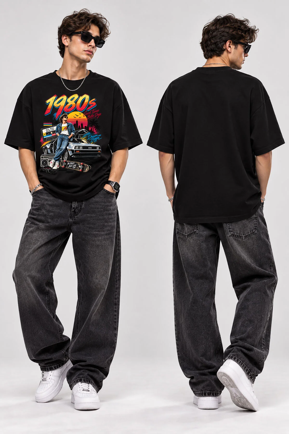 1980s Retro Araba Baskılı Oversize T-Shirt Unisex Vintage Streetwear Büyük Ön Baskılı Tişört