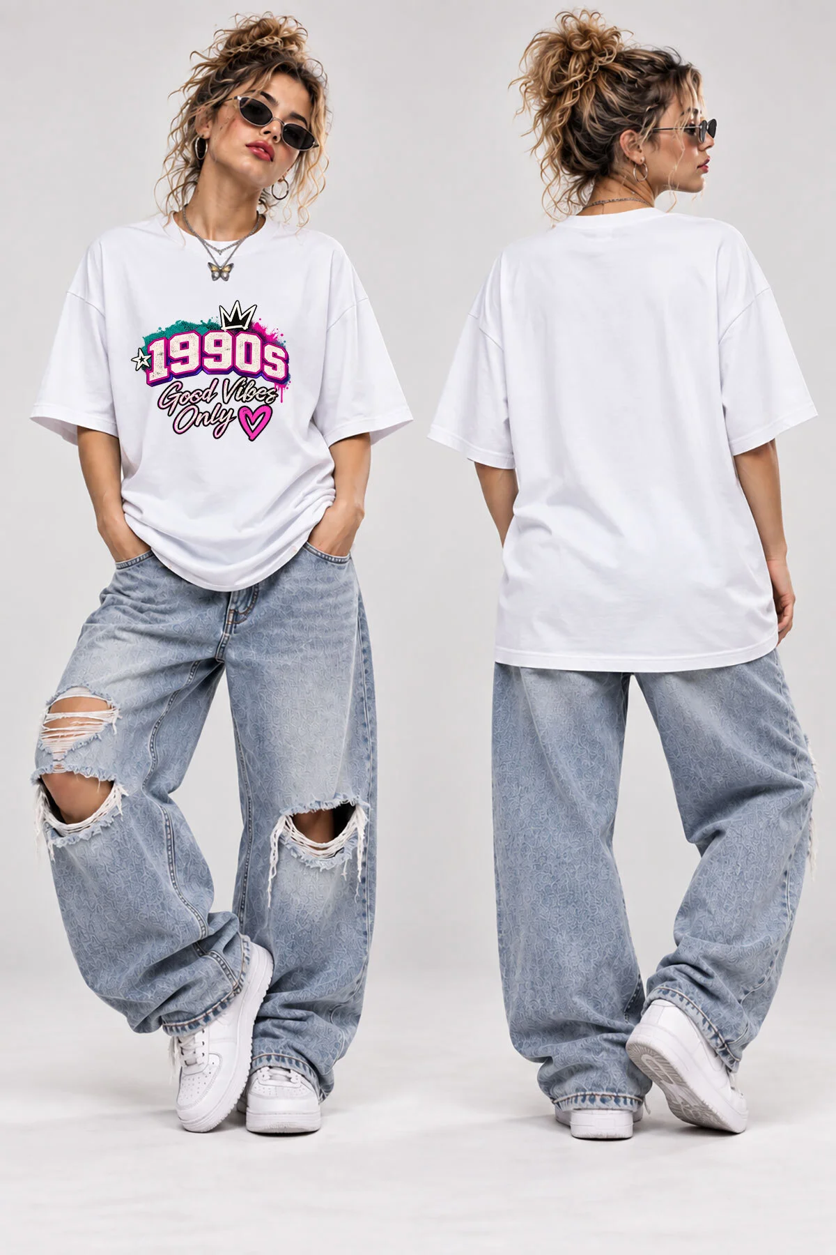1990s Good Vibes Baskılı Oversize T-Shirt Unisex Retro Y2K Streetwear Bol Kesim Tişört