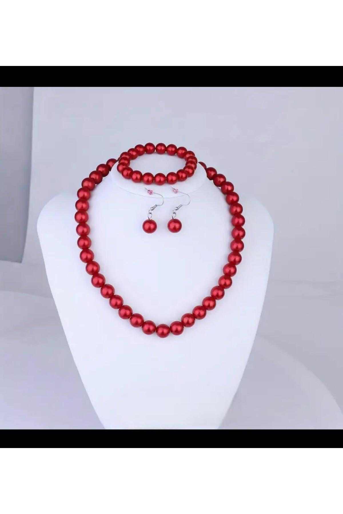 1.kalite parlak kırmızı 8 mm kadın yeniyıl inci kolye küpe bilekl