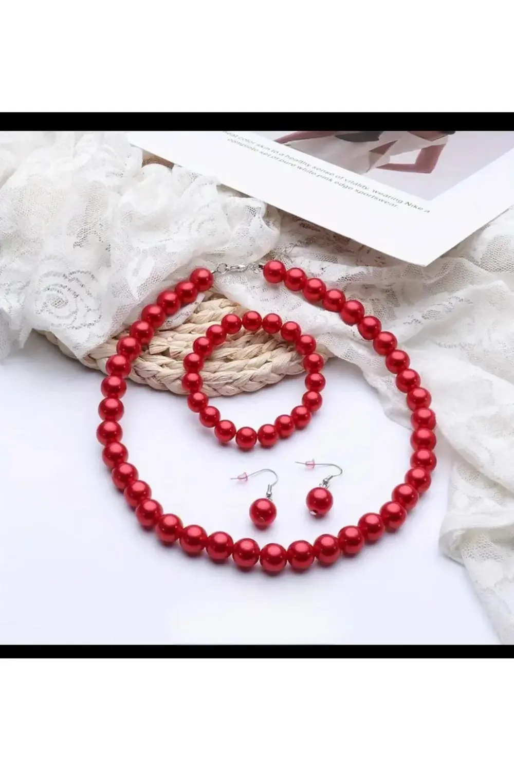 1.kalite parlak kırmızı 8 mm kadın yeniyıl inci kolye küpe bilekl