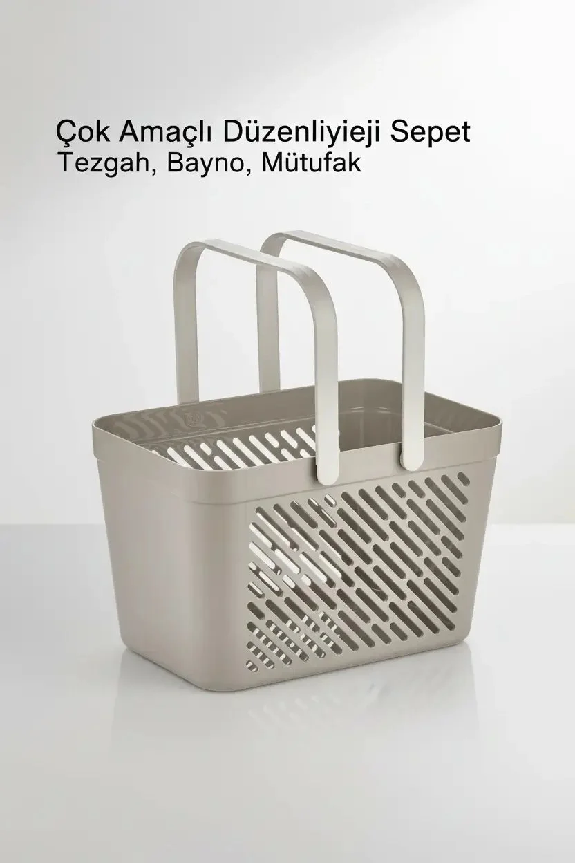 1'li Gri Çok Amaçlı Kulplu Sepet Mutfak Banyo Organizer Taşıma Sepeti