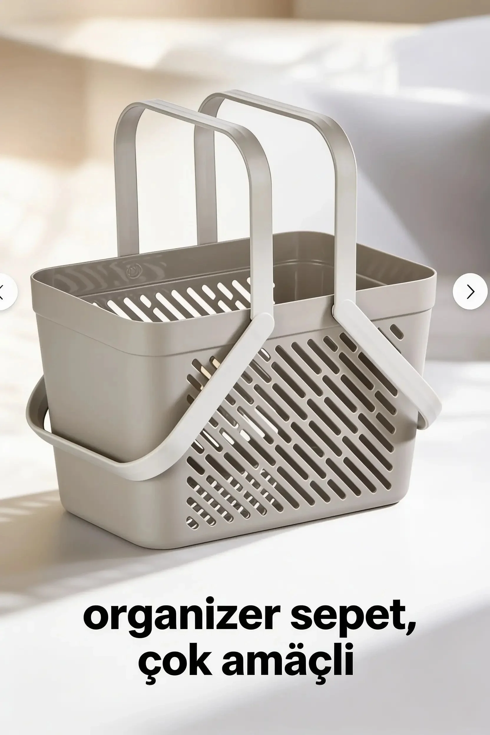 1'li Gri Çok Amaçlı Kulplu Sepet Mutfak Banyo Organizer Taşıma Sepeti