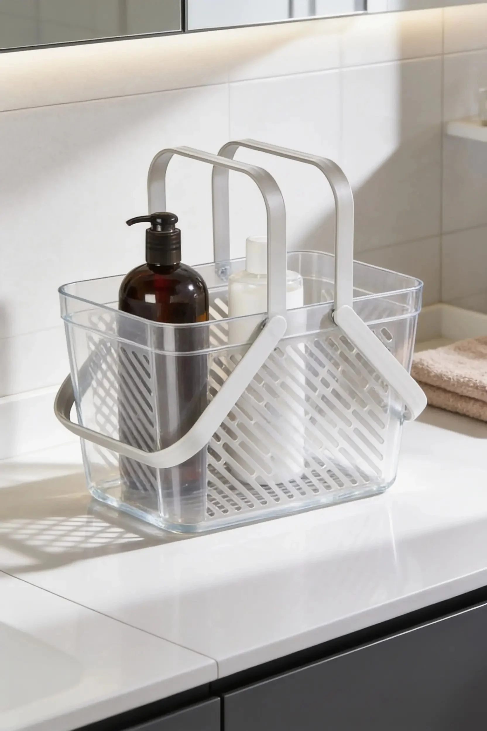 1'li Gri Çok Amaçlı Kulplu Sepet Mutfak Banyo Organizer Taşıma Sepeti