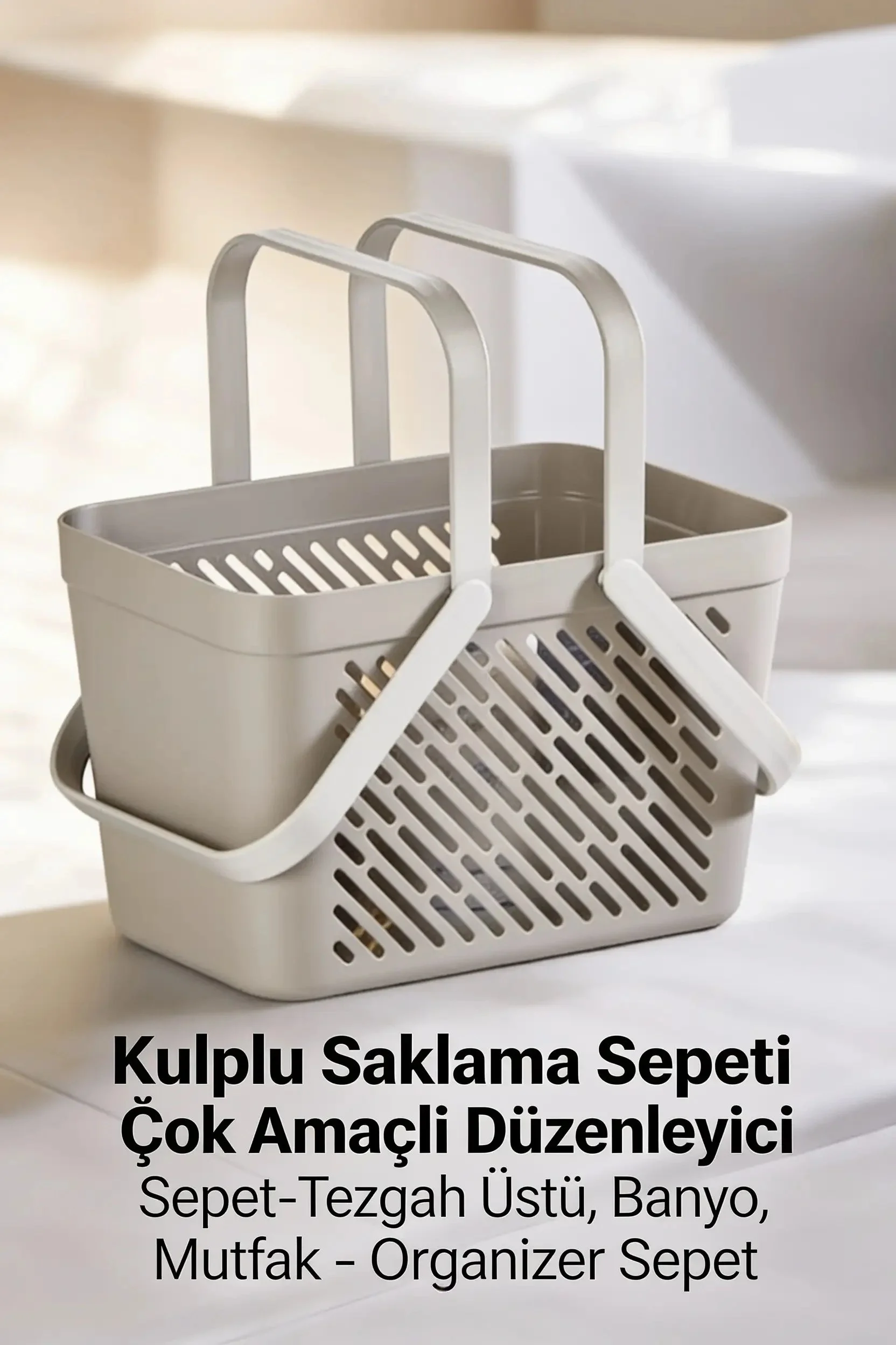 1'li Gri Çok Amaçlı Kulplu Sepet Mutfak Banyo Organizer Taşıma Sepeti