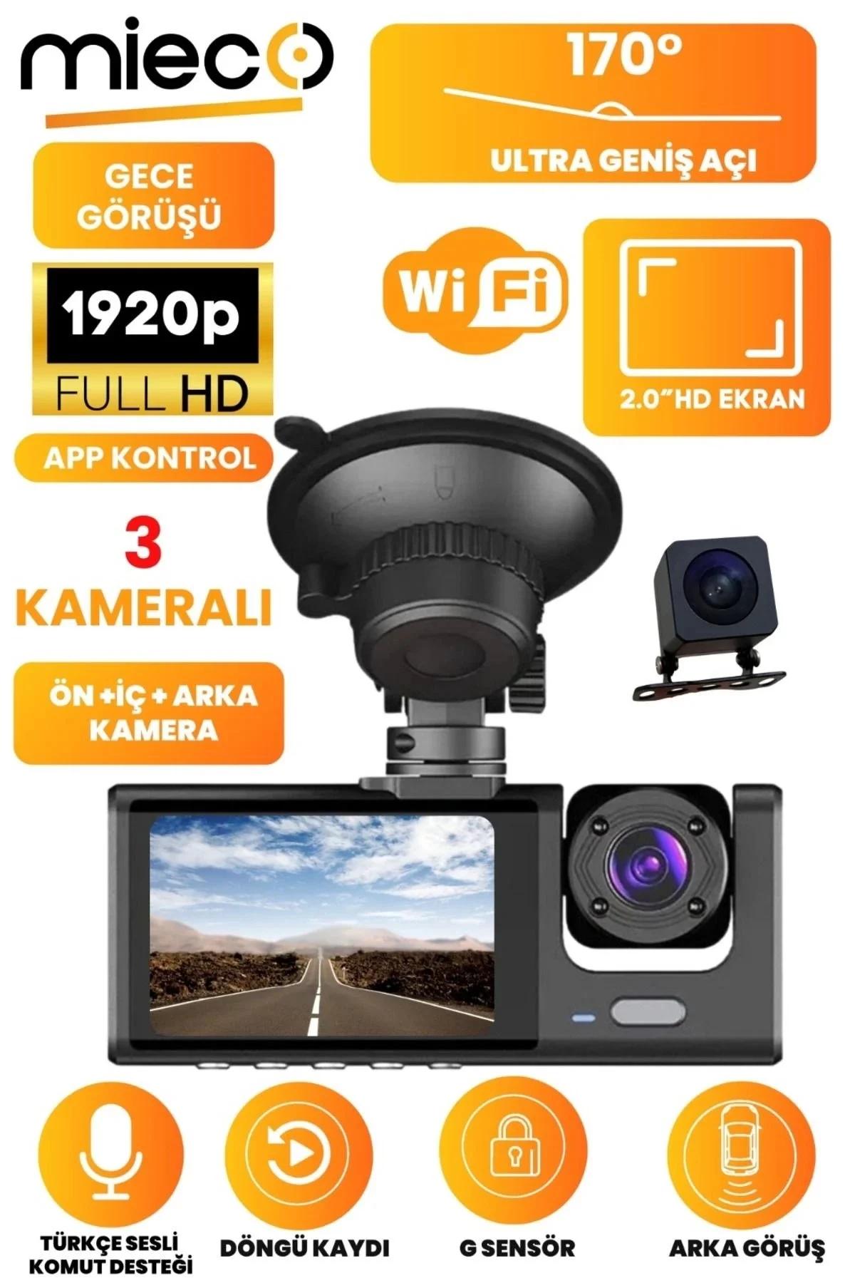 1s Wifi / App /1920p Fhd/ 170° Ultra Geniş Açı/gece Görüş/ G-sensörü 3 Kameralı Araç Kamerası(2025)