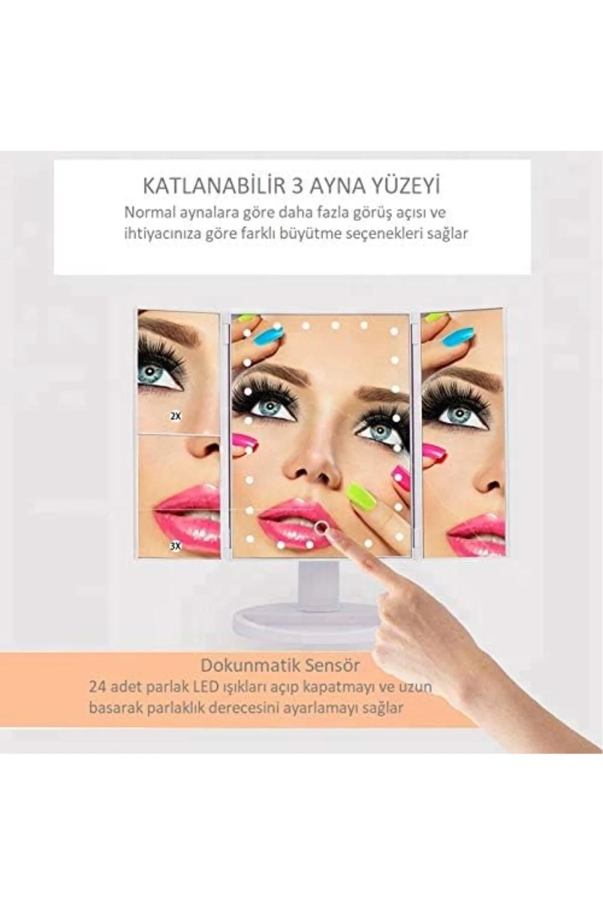 - 1X-2X-3X-10X Büyütmeli 24 LED Işıklı Makyaj Aynası, 3 Panel, Ka