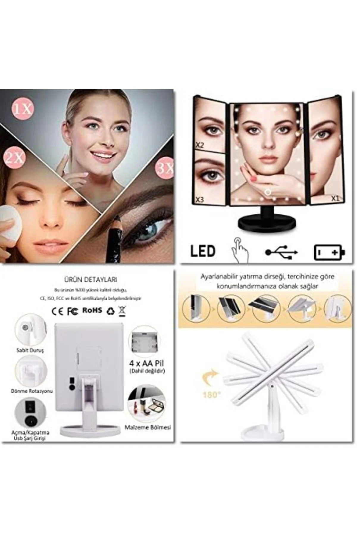 - 1X-2X-3X-10X Büyütmeli 24 LED Işıklı Makyaj Aynası, 3 Panel, Ka