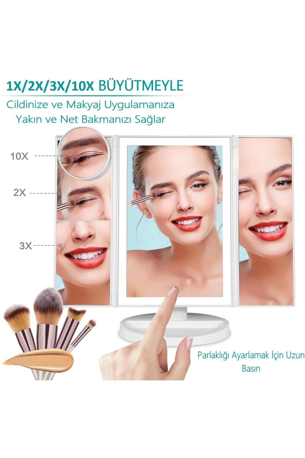 - 1X-2X-3X-10X Büyütmeli 37 LED Işıklı Makyaj Aynası, 3 Panel, Ka