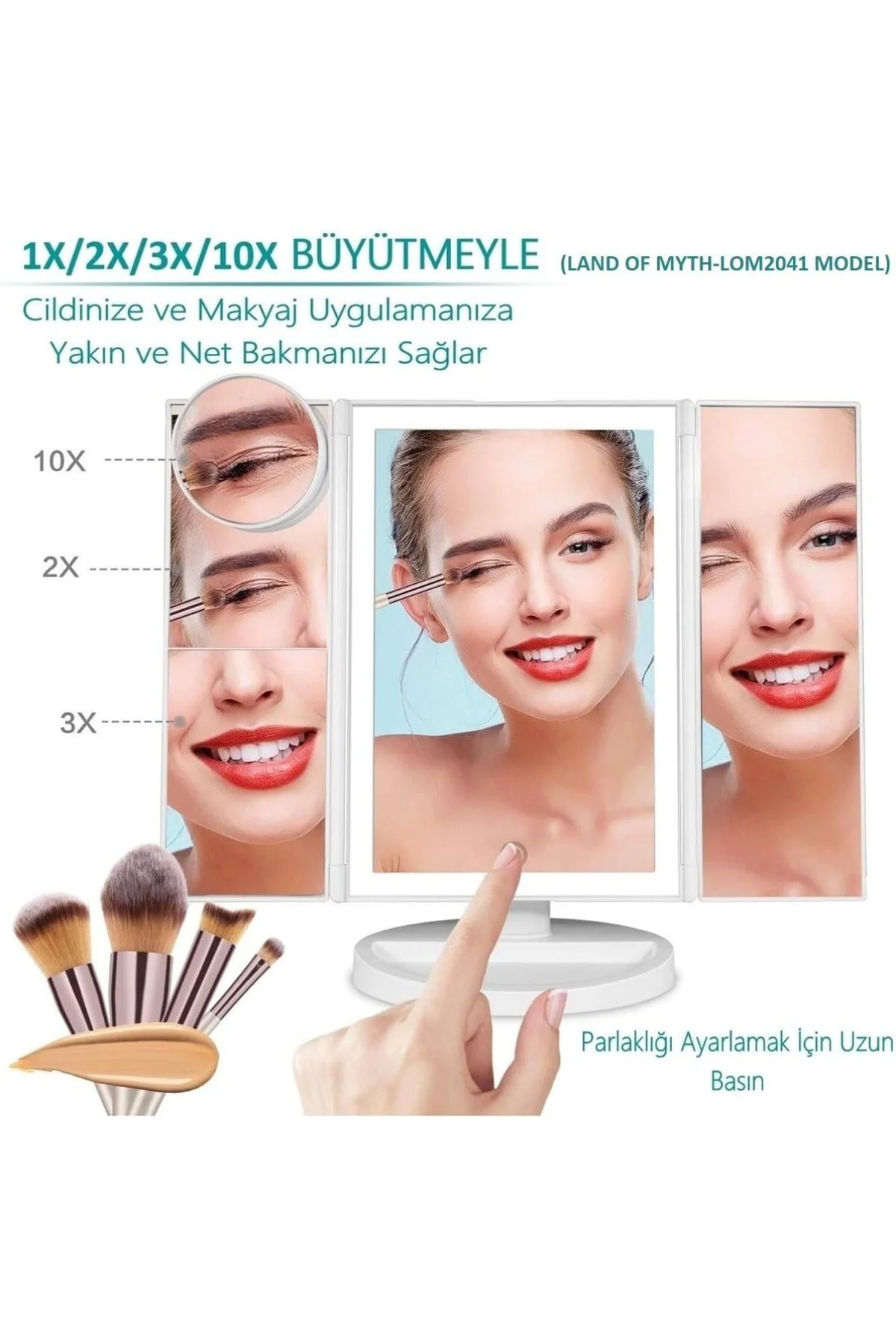 - 1X-2X-3X-10X Büyütmeli 37 LED Işıklı Makyaj Aynası, 3 Panel, Katlanabilir, Dokunma