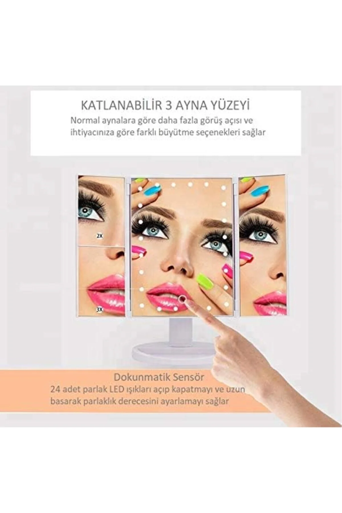 - 1X-2X-3X-10X Büyütmeli 24 LED Işıklı Makyaj Aynası, 3 Panel, Ka