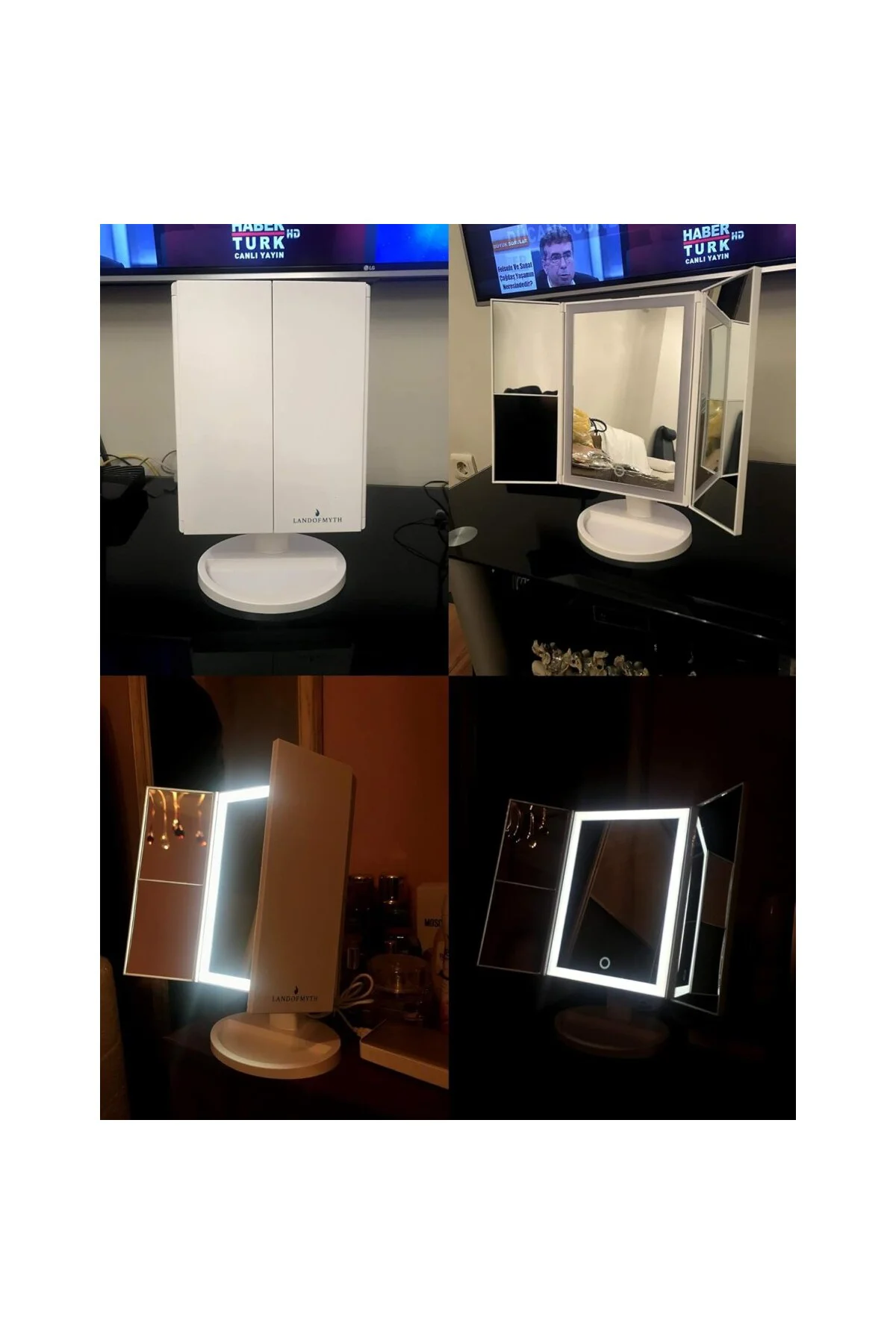 - 1X-2X-3X-10X Büyütmeli 37 LED Işıklı Makyaj Aynası, 3 Panel, Katlanabilir, Dokunma