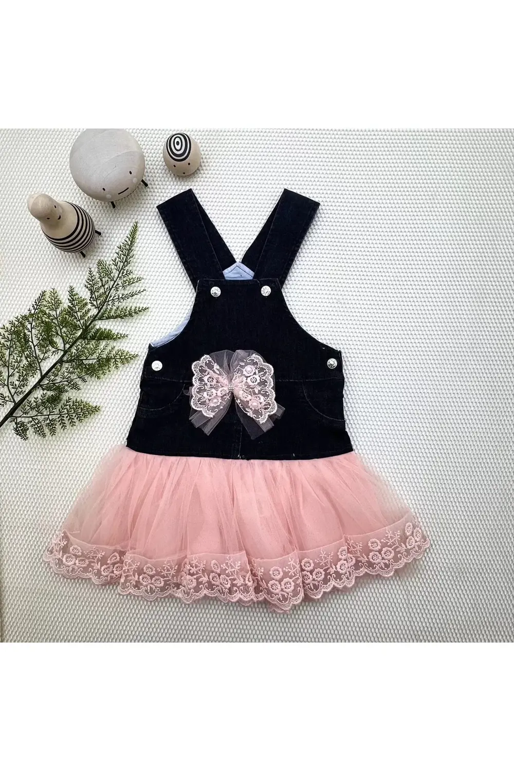 2-3-4 Yaş Fiyonklu Düğme Detaylı Tül Etek Kot Kumaş Salopet Kız Ç