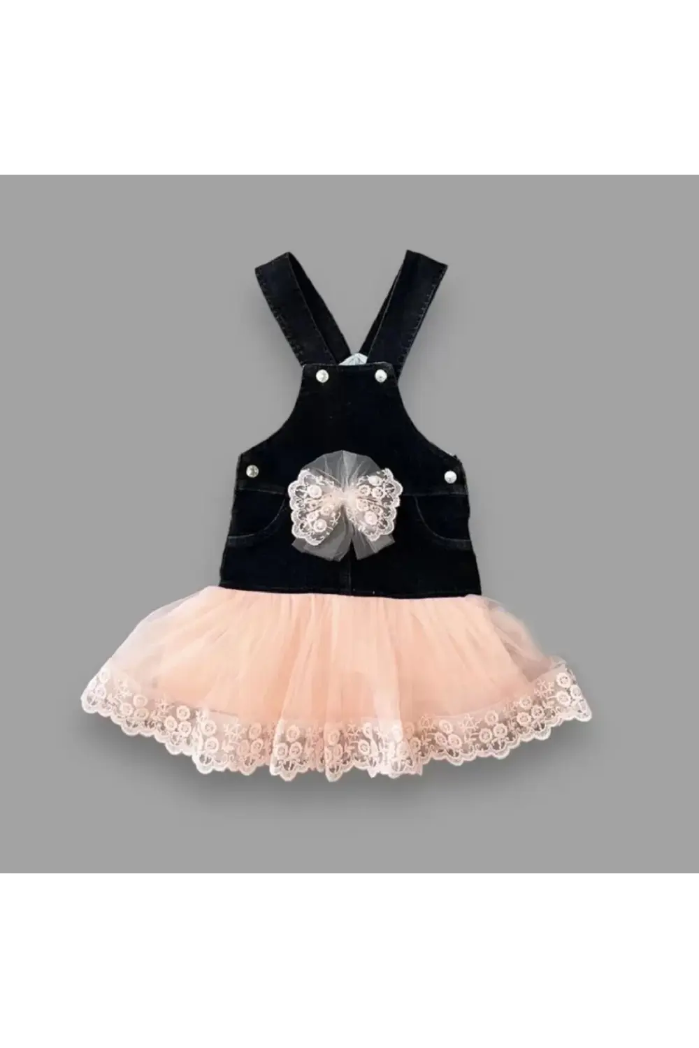 2-3-4 Yaş Fiyonklu Düğme Detaylı Tül Etek Kot Kumaş Salopet Kız Ç