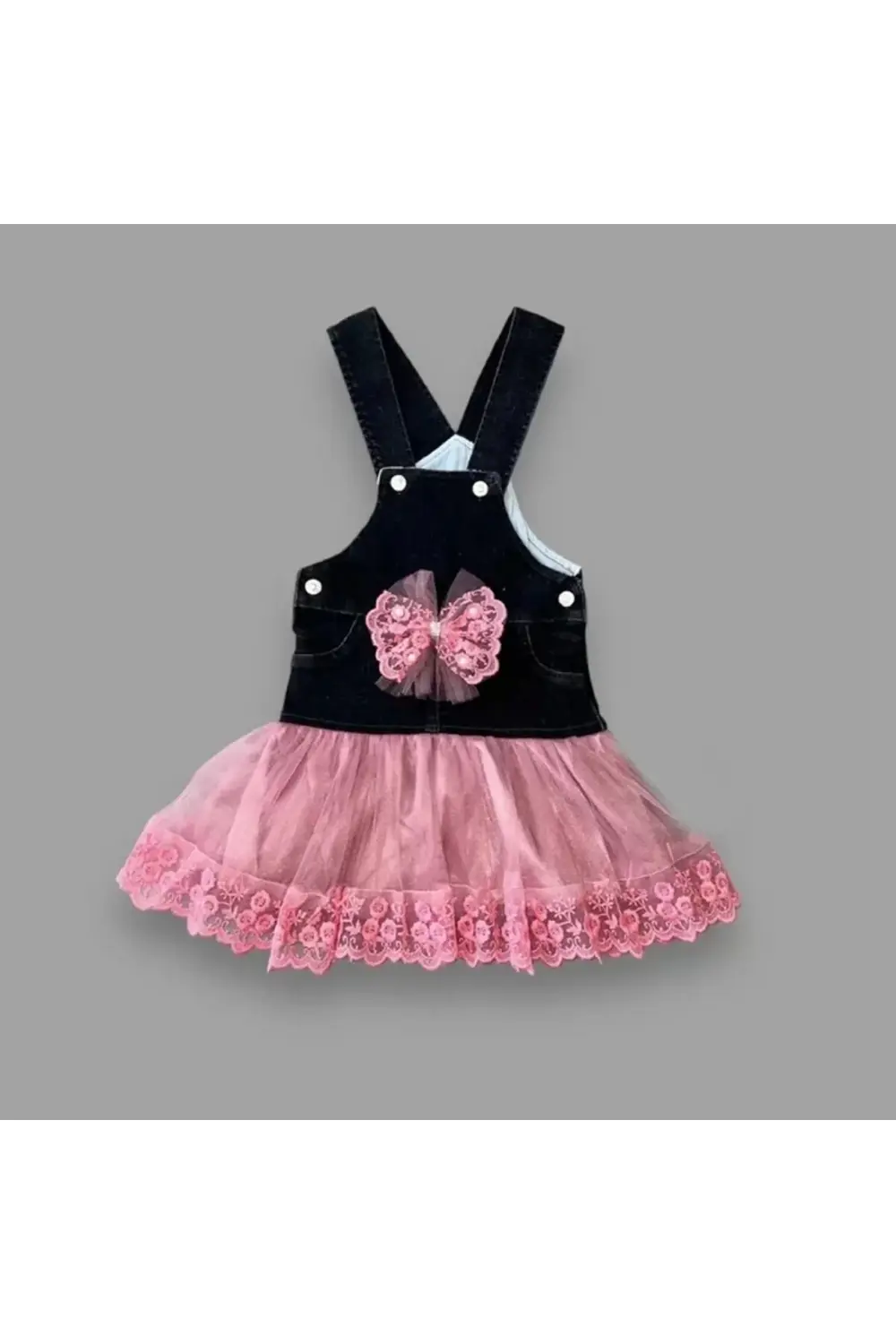 2-3-4 Yaş Fiyonklu Düğme Detaylı Tül Etek Kot Kumaş Salopet Kız Ç