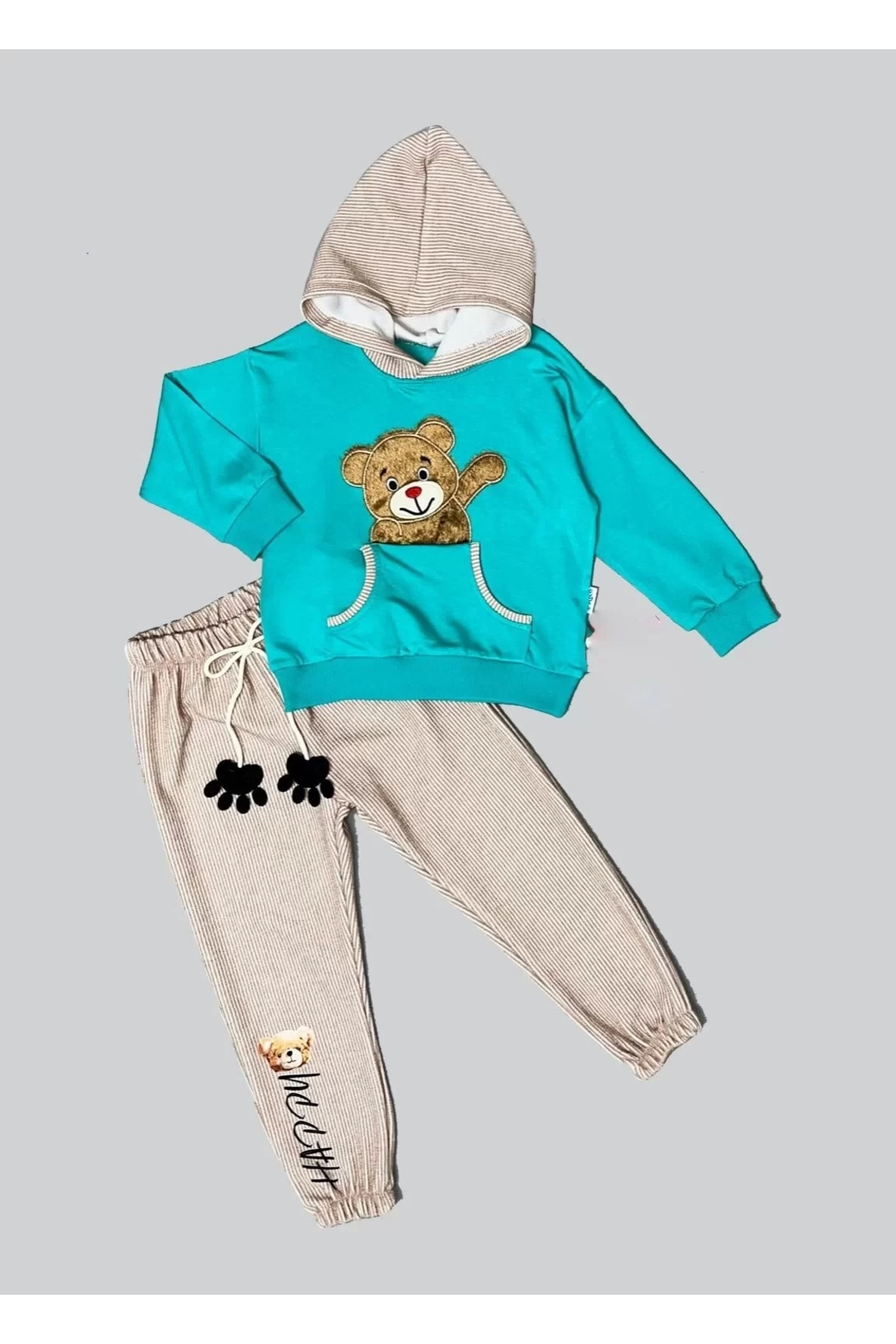 Mcem Store 2-3-4 Yaş Pelüş Ayı Desenli Kapşonlu Uzun Kollu Penye Sweat 2Li E