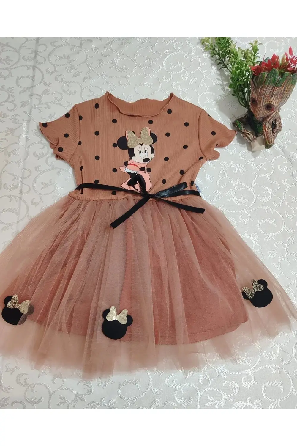 2-3-4 Yaş Puantiyeli Mickey Baskılı Kurdela Kuşaklı Astarlı Kız B