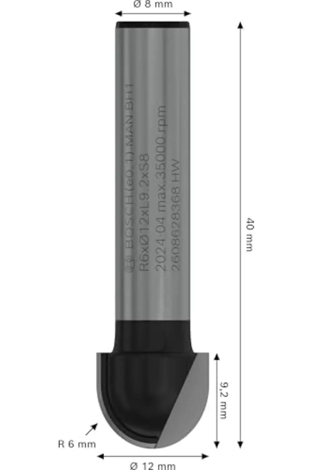 2 608 aksesuarı 628 368 oyuklu Ç 8 mm, R1 6 mm, D 12 mm, U 9,5 mm