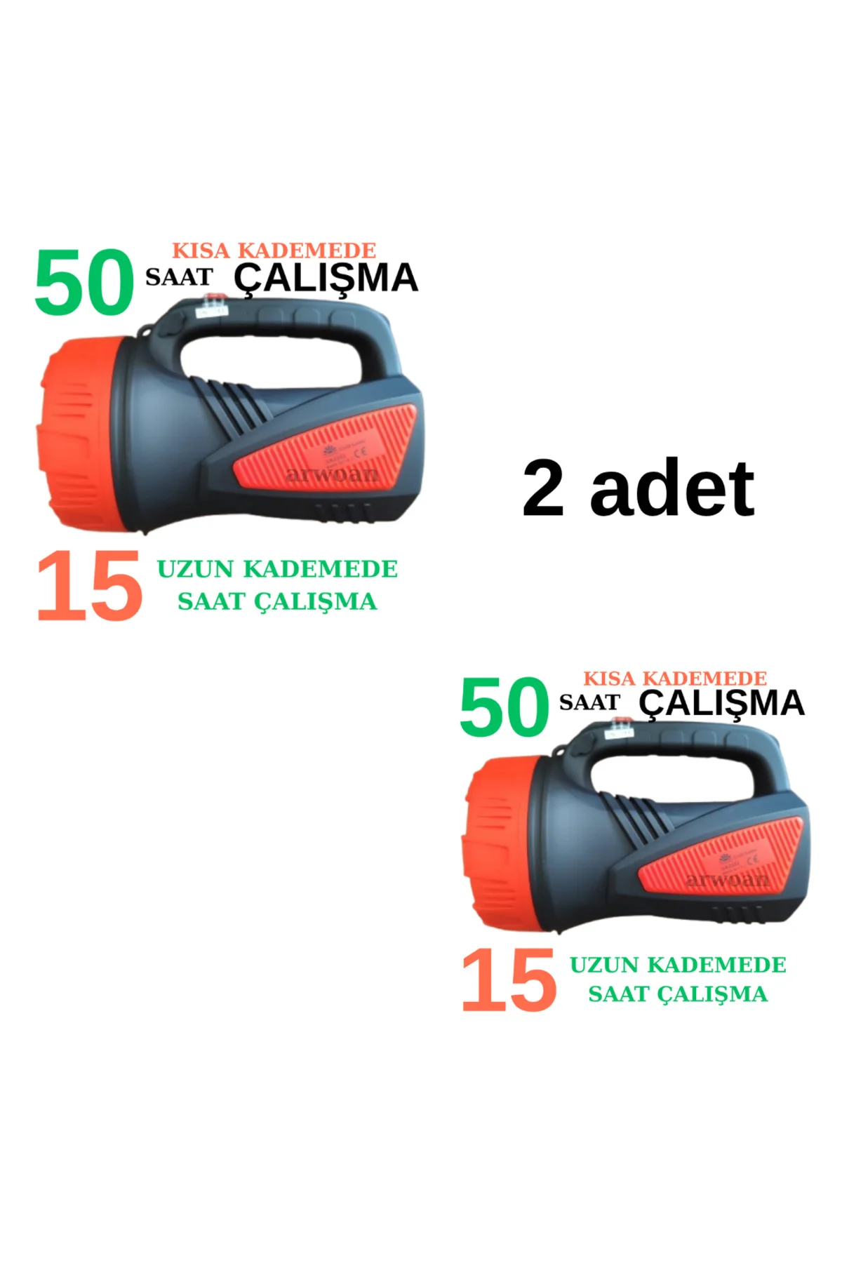 2 ADET 50 Saat Kademeli 15 Saat Güçlü LED El Feneri Şarjlı Uzun Ömürlü Projektör Fener