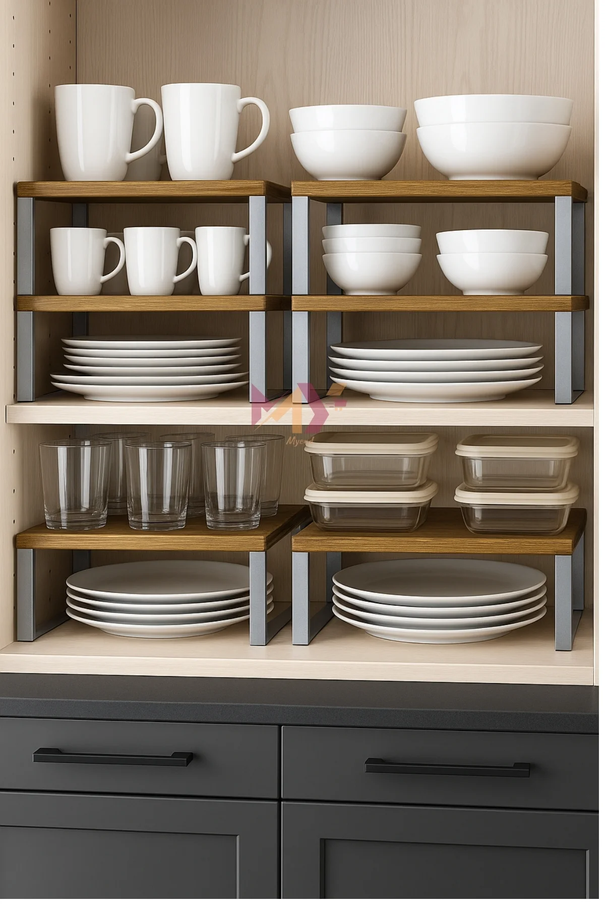 2 Adet Ahşap Dolap Içi Düzenleyici Raf, Metal Ayaklı Bardak Rafı,