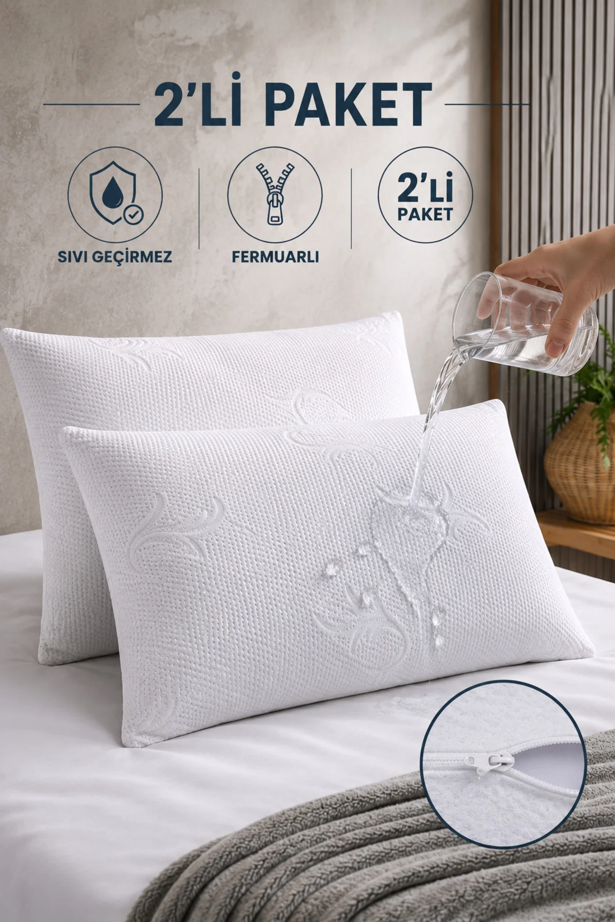 2 Adet Bambu Desen Lüks Sıvı Geçirmez Yastık Alezi | Fermuarlı 50x70 cm 2'li Yastık Koruyucu