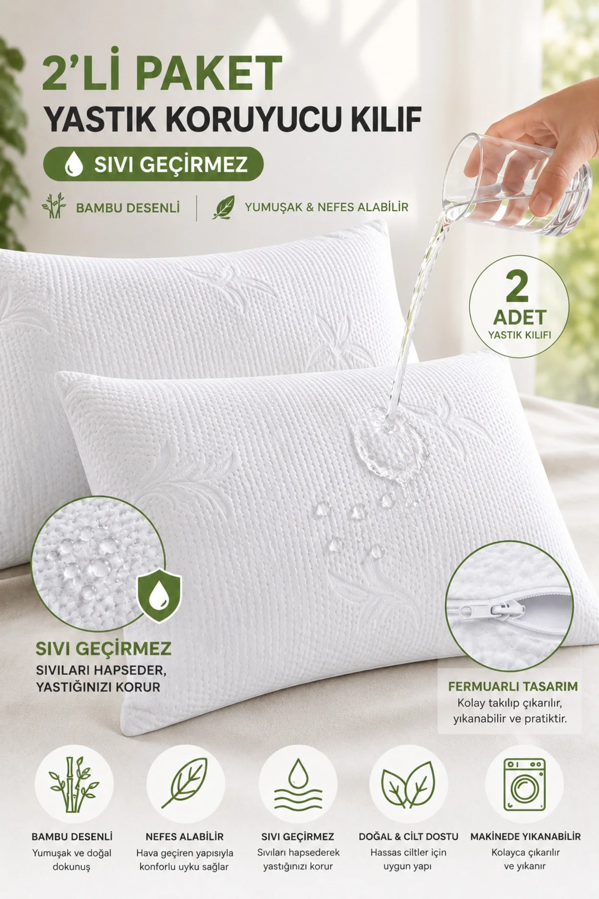 2 Adet Bambu Desen Lüks Sıvı Geçirmez Yastık Alezi | Fermuarlı 50x70 cm 2'li Yastık Koruyucu
