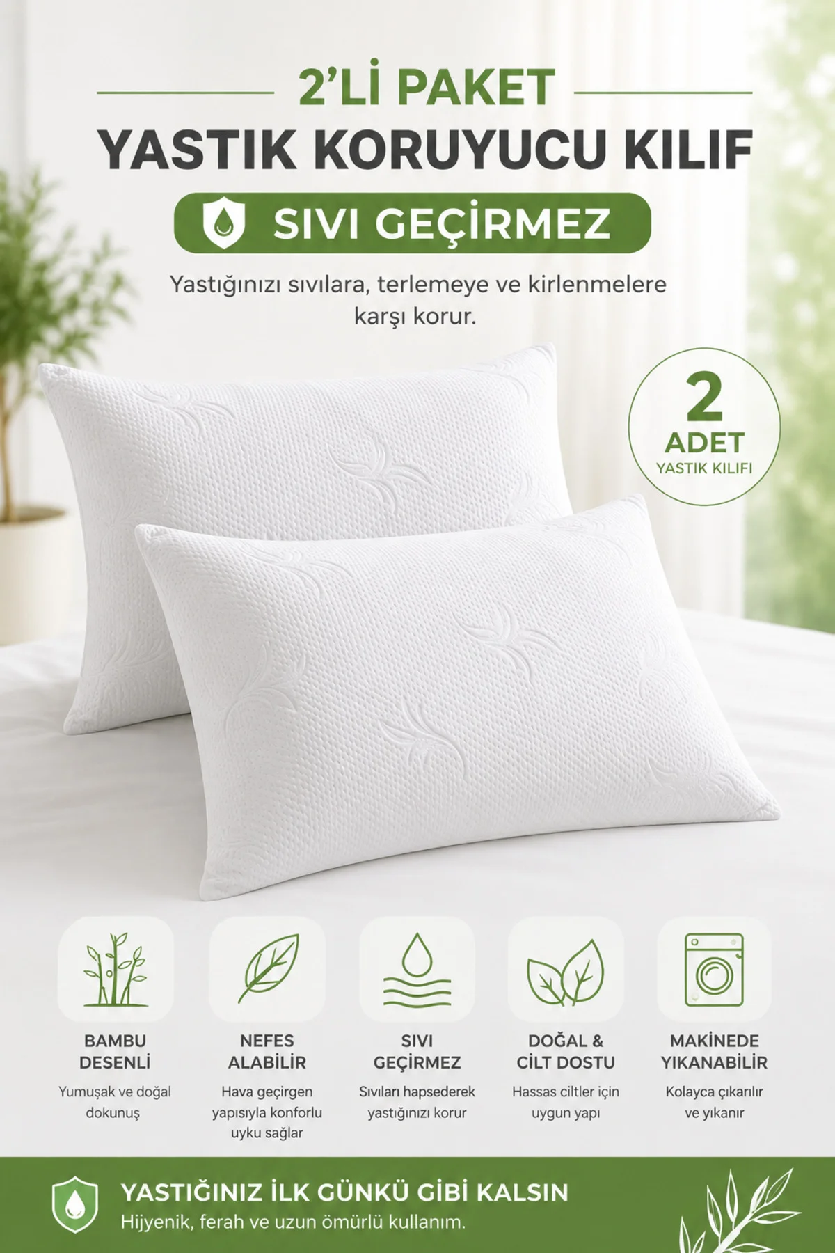 2 Adet Bambu Desen Lüks Sıvı Geçirmez Yastık Alezi | Fermuarlı 50x70 cm 2'li Yastık Koruyucu