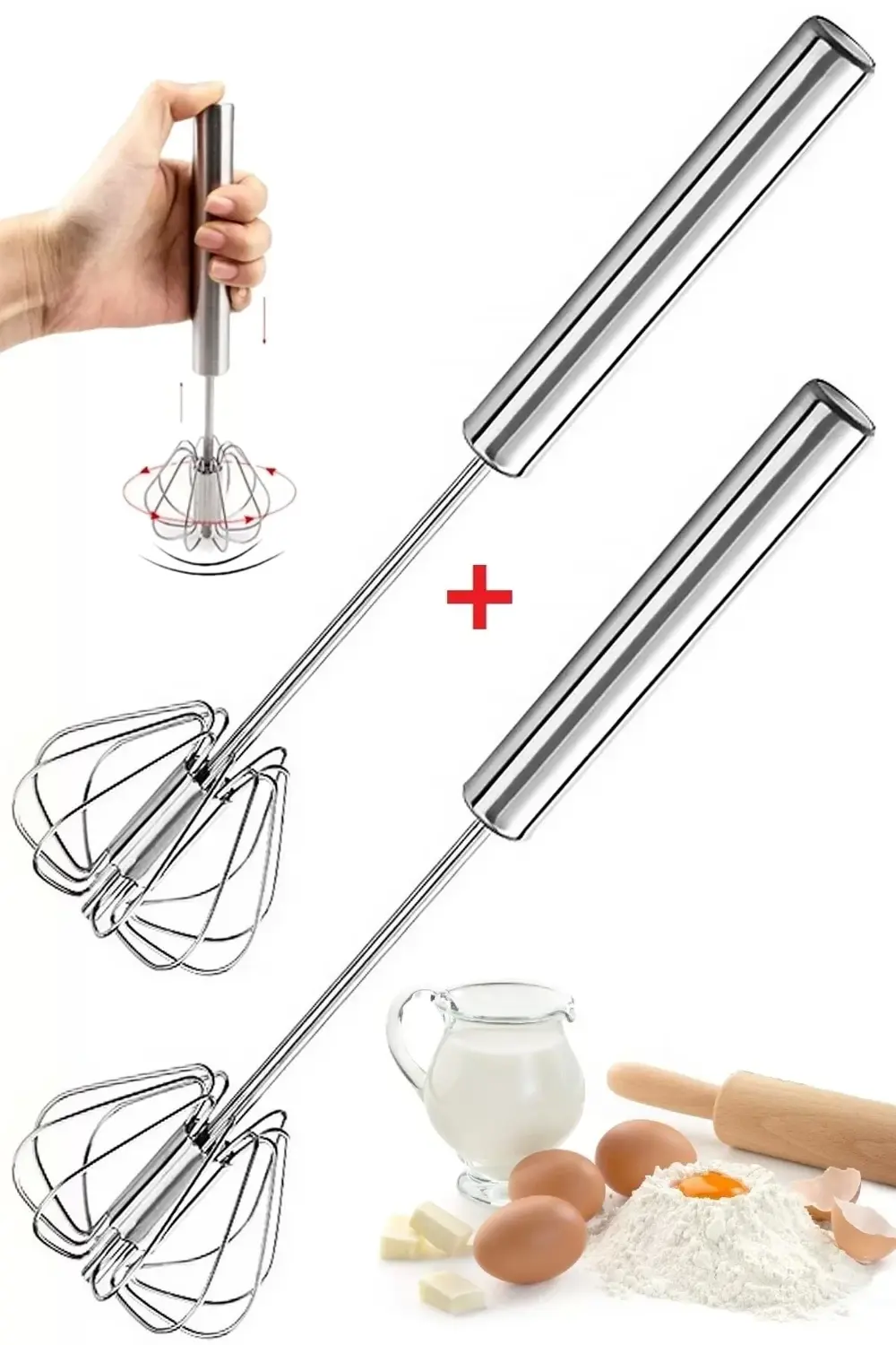 2 Adet Basmalı Otomatik Bas Çek Çırpıcı Pratik Mutfak Gereçleri P