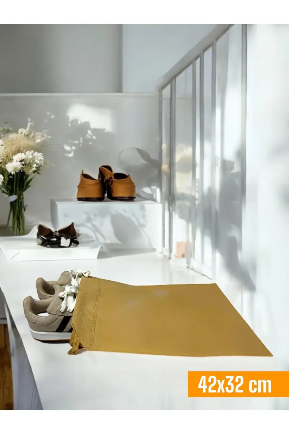 2 Adet Bej Büzgülü Ayakkabı Saklama Çantası Seyahat Hurcu Çok Ama