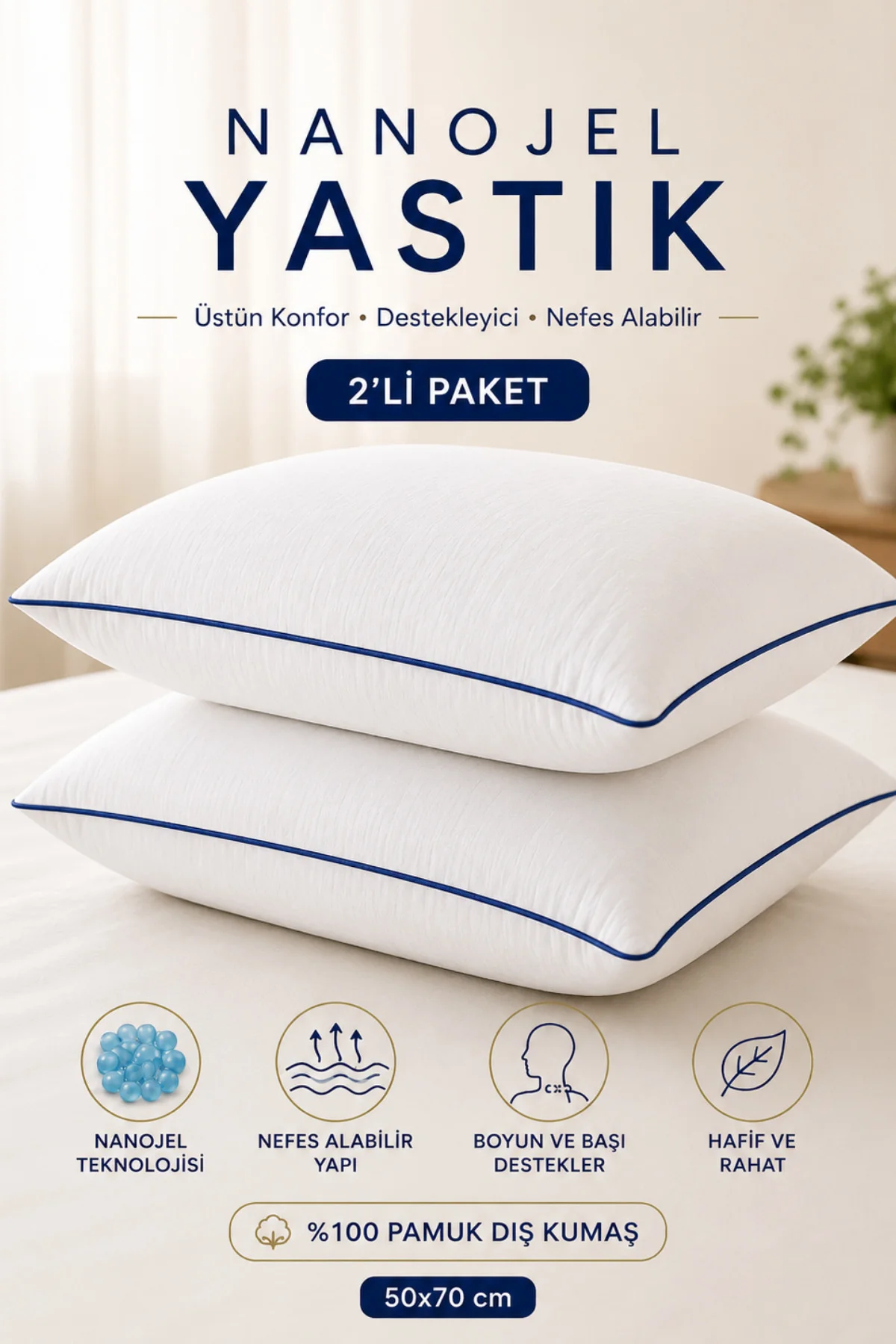 2 Adet Climate Nano Jel Yastık Otel Yastığı 50x70 cm %100 Pamuk Dış Kumaş