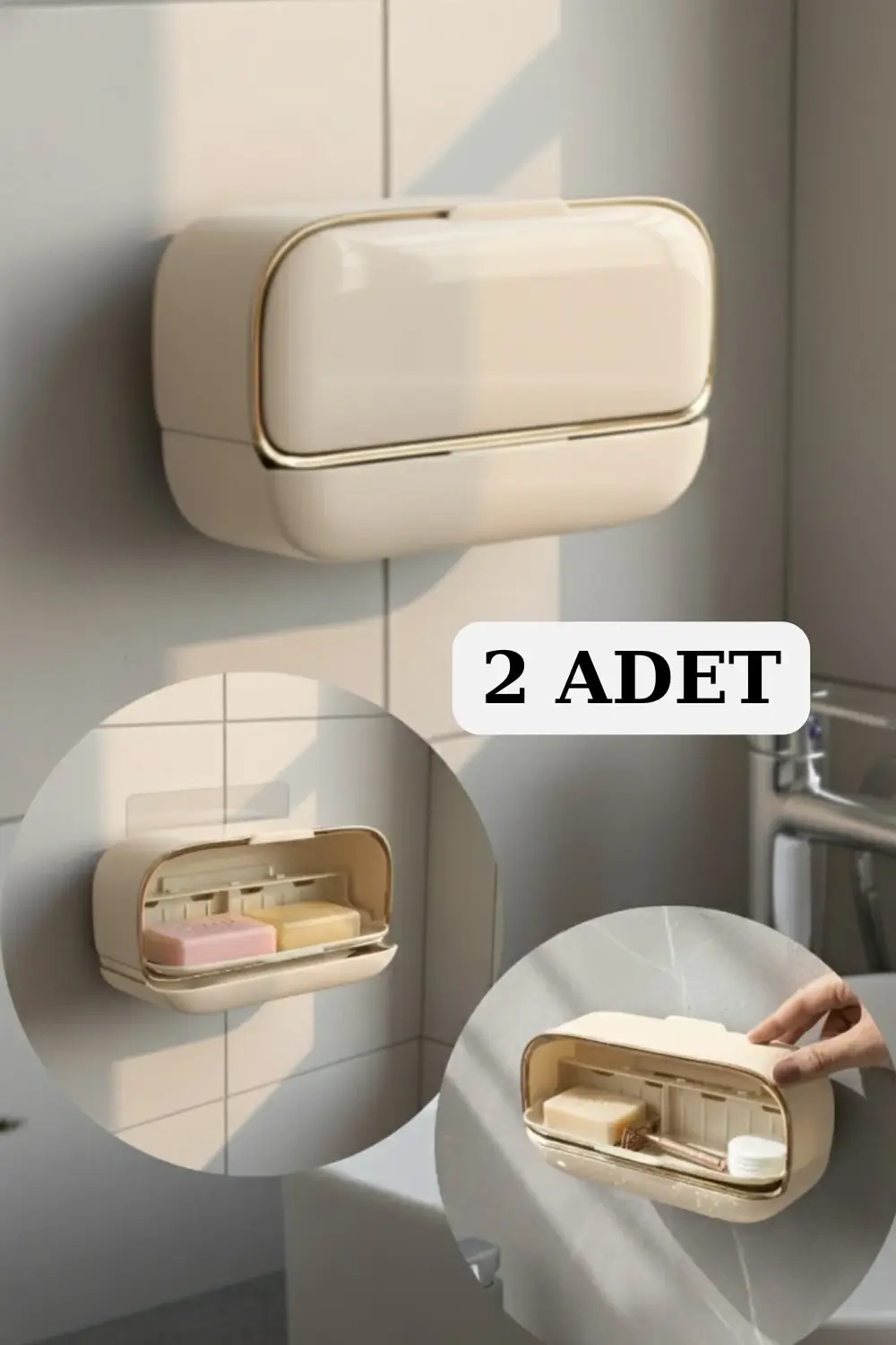 2 Adet Dekoratif Yeni Nesil Çift Bölmeli Sabunluk Seti, Yapışabil