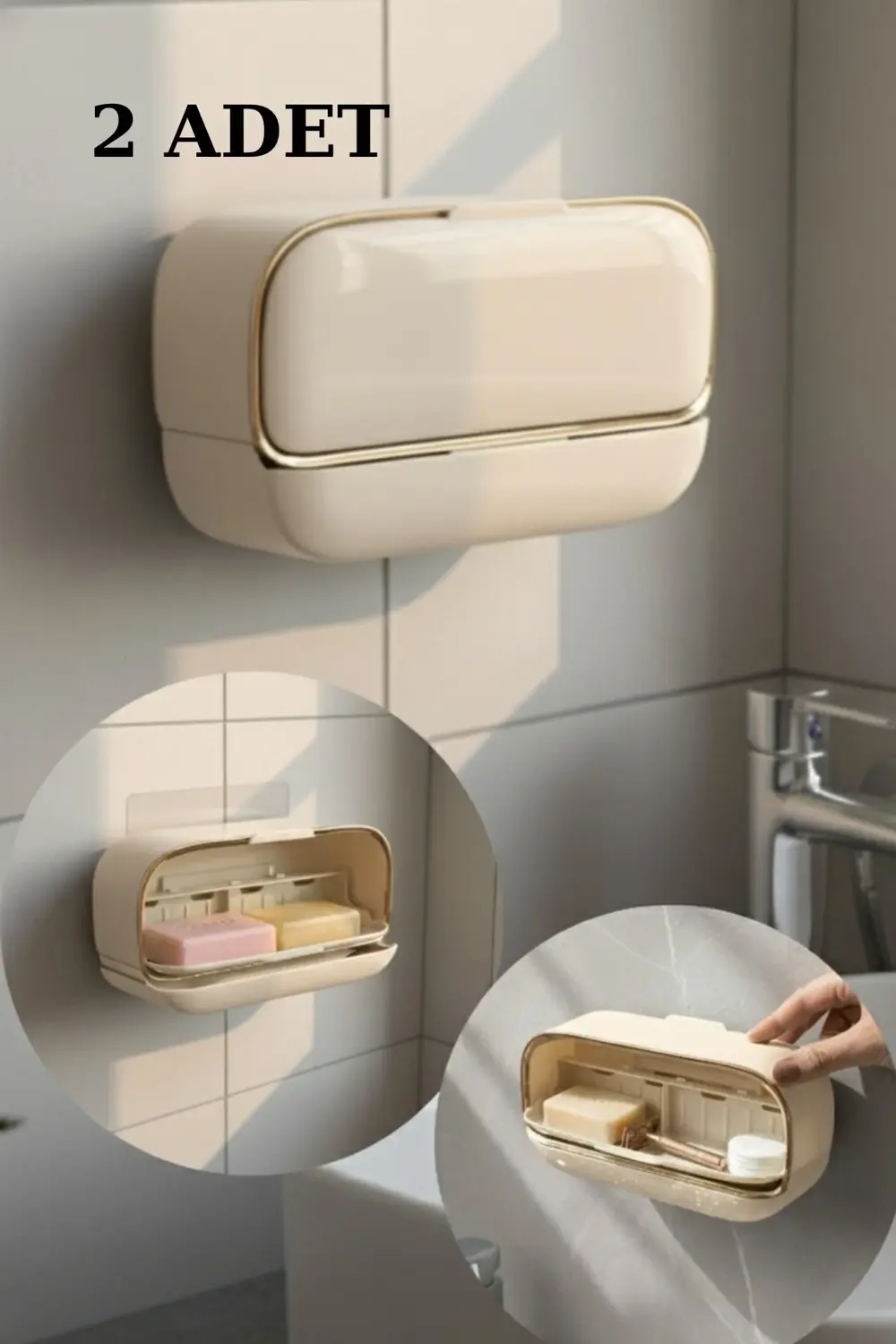 2 Adet Dekoratif Yeni Nesil Çift Bölmeli Sabunluk Seti, Yapışabil