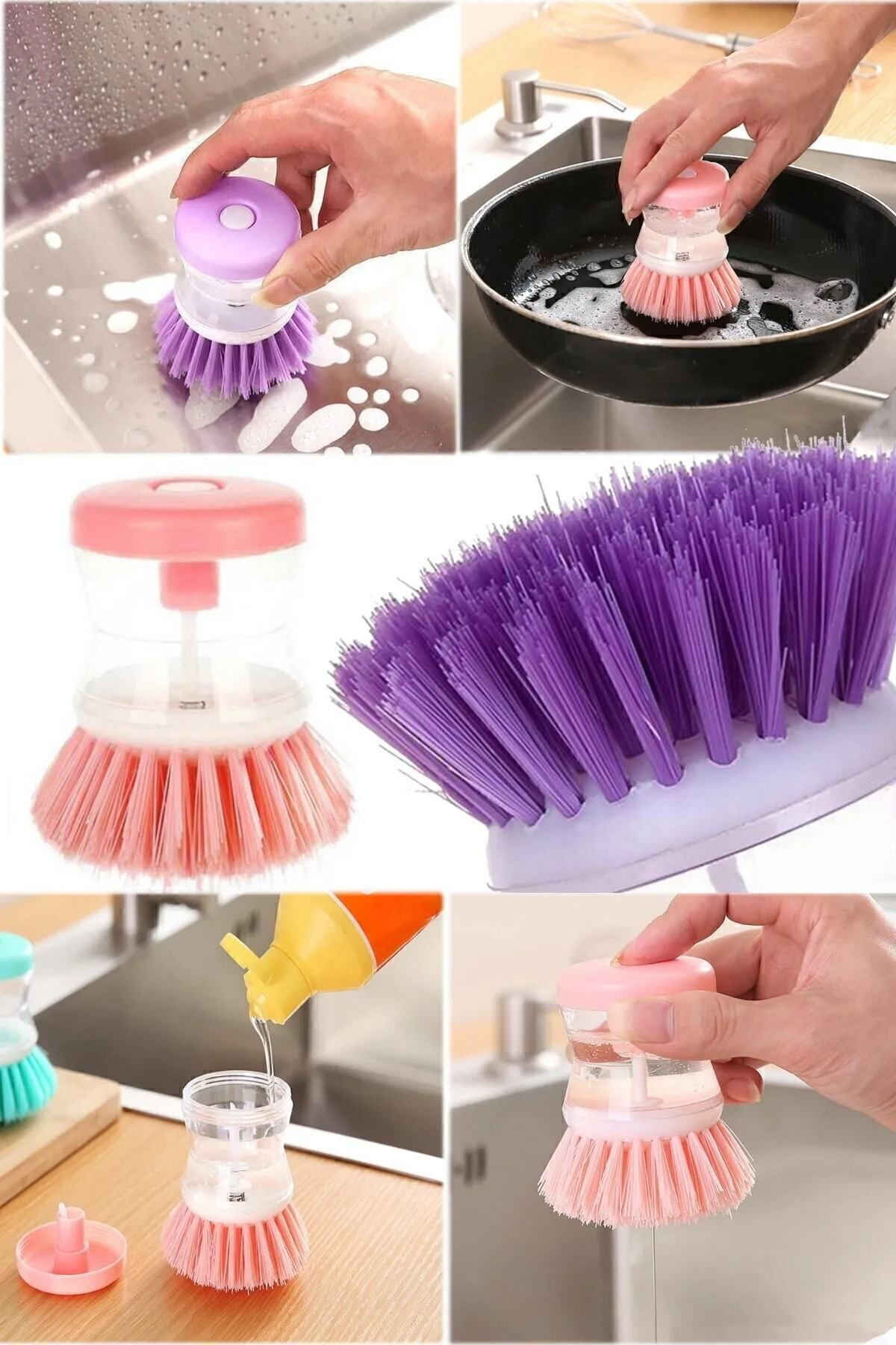 2 adet Deterjan Hazneli Kullanışlı Banyo Bulaşık Fırçası Butonlu 