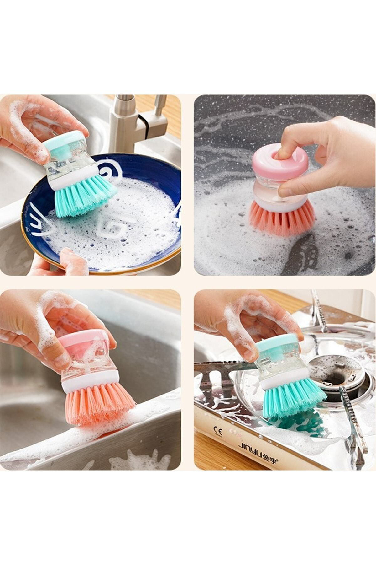 2 adet Deterjan Hazneli Kullanışlı Banyo Bulaşık Fırçası Butonlu 