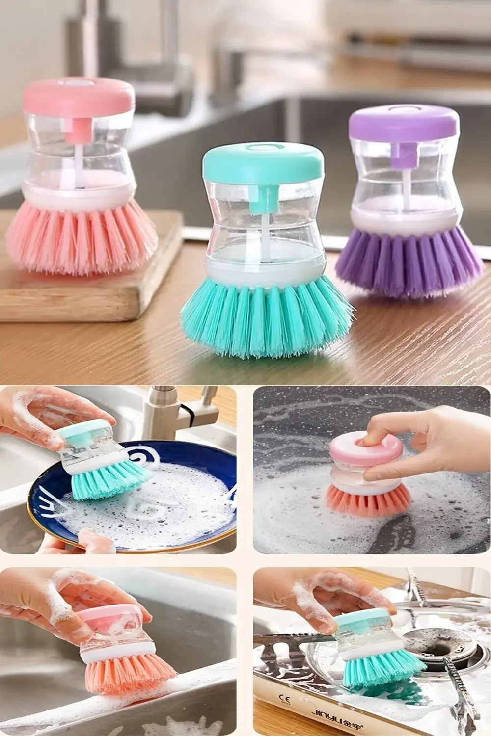 2 adet Deterjan Hazneli Kullanışlı Banyo Bulaşık Fırçası Butonlu