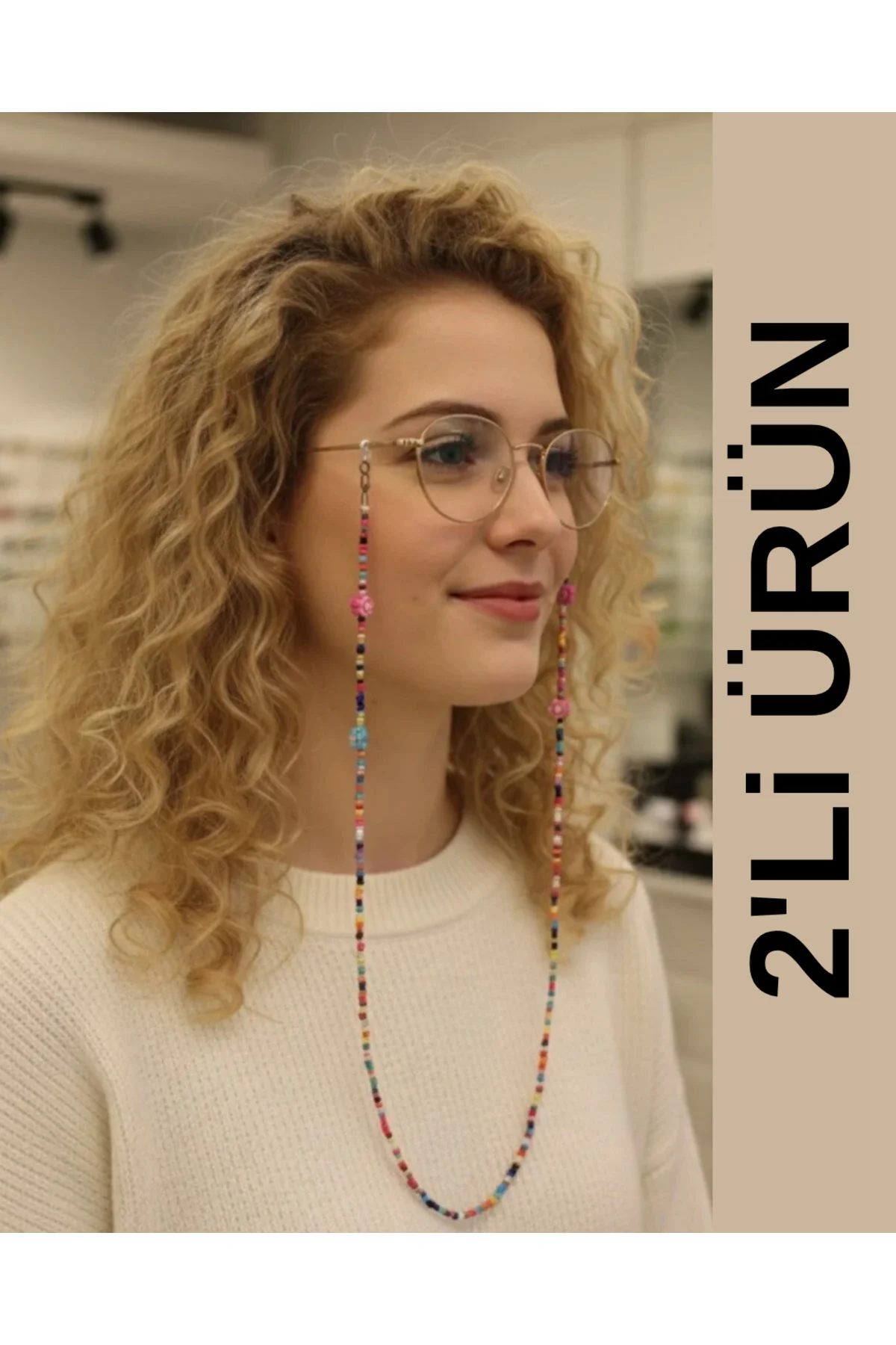 2 Adet Fimo ve Kum Boncuklu Çok Renkli Optik Güneş Gözlüğü Gözlük İpi 65cm