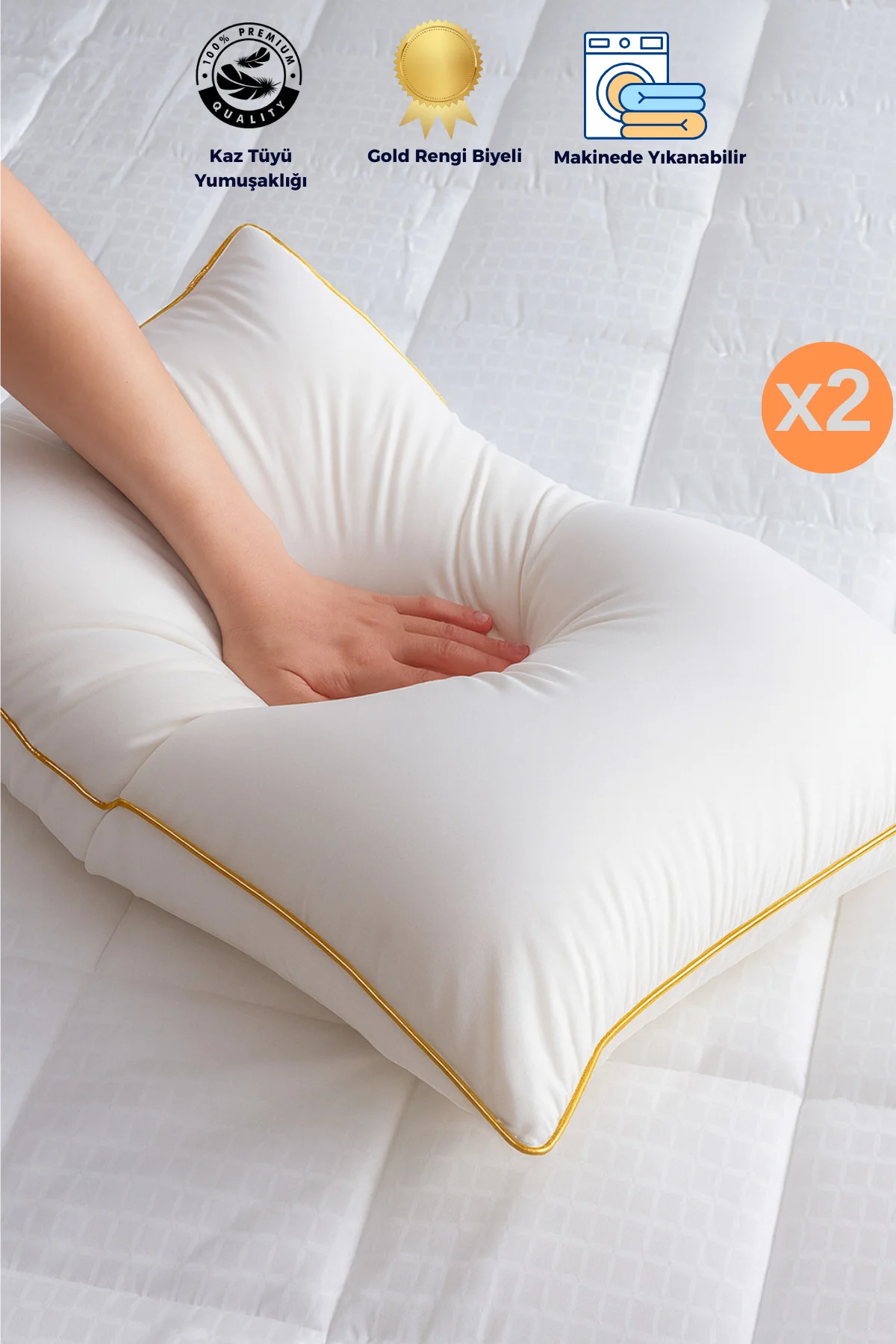 2 Adet Gold Detaylı Gold Rengi Biyeli Nanojel Yastık 1200 gram 50x70 cm, Lüks Otel Yastığı