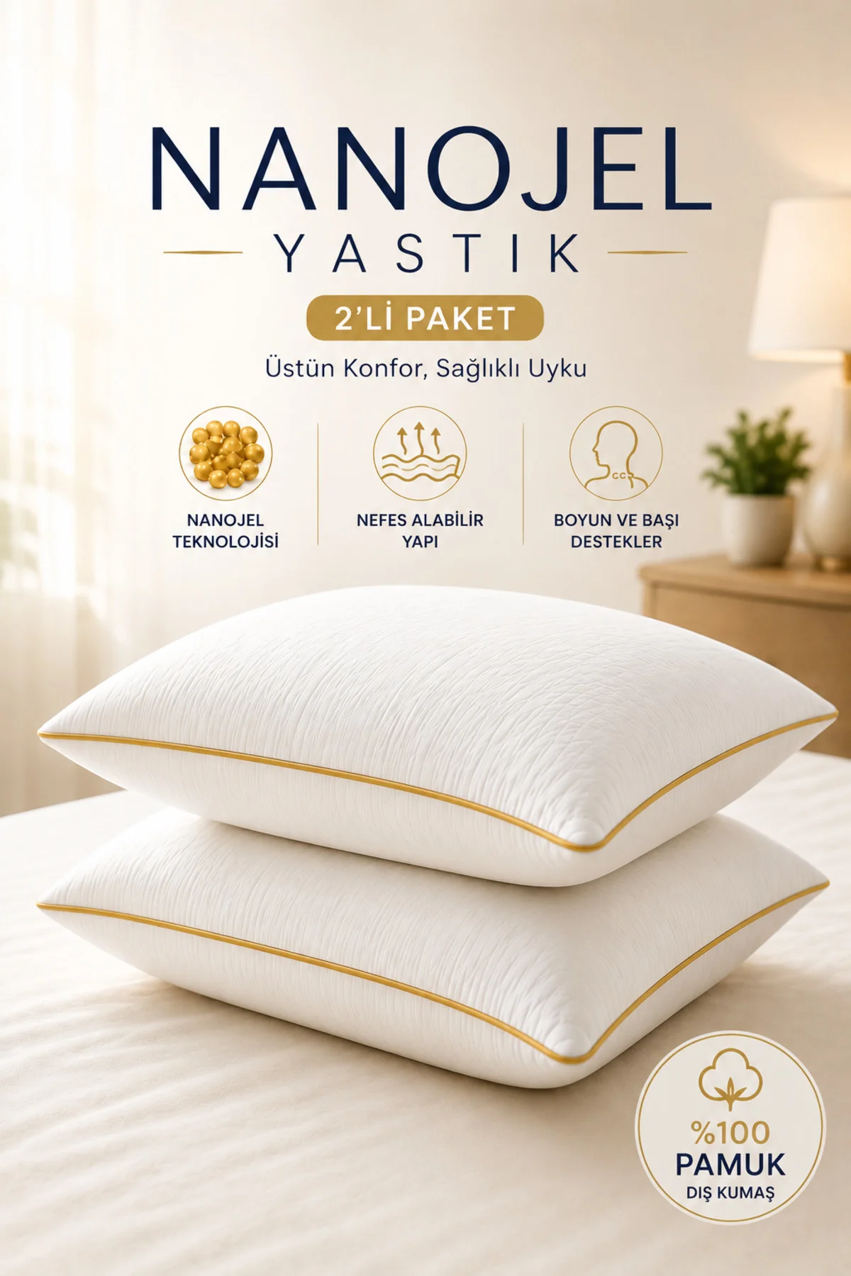 2 Adet Gold Detaylı Gold Rengi Biyeli Nanojel Yastık 1200 gram 50x70 cm, Lüks Otel Yastığı