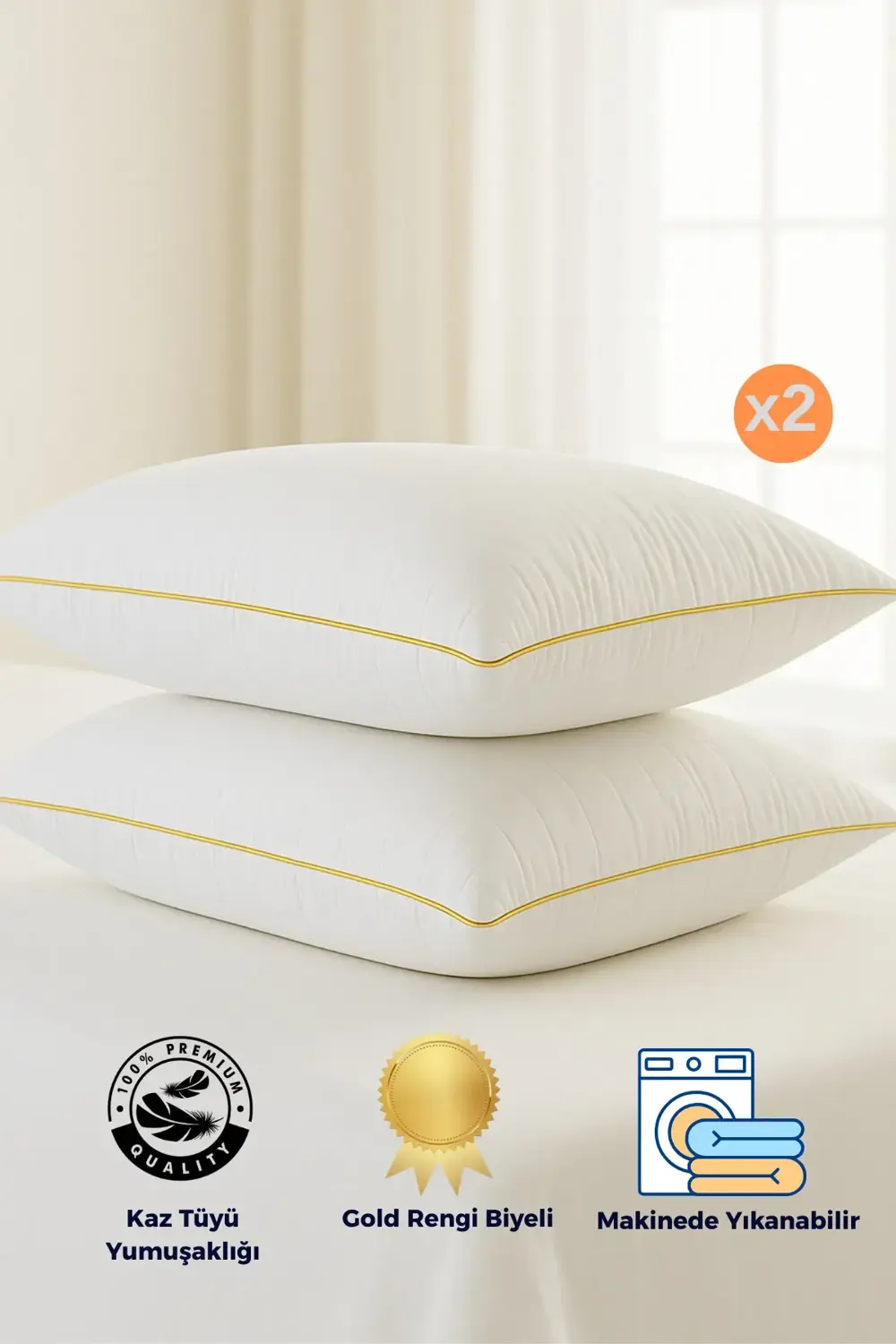 2 Adet Gold Detaylı Gold Rengi Biyeli Nanojel Yastık 1200 gram 50