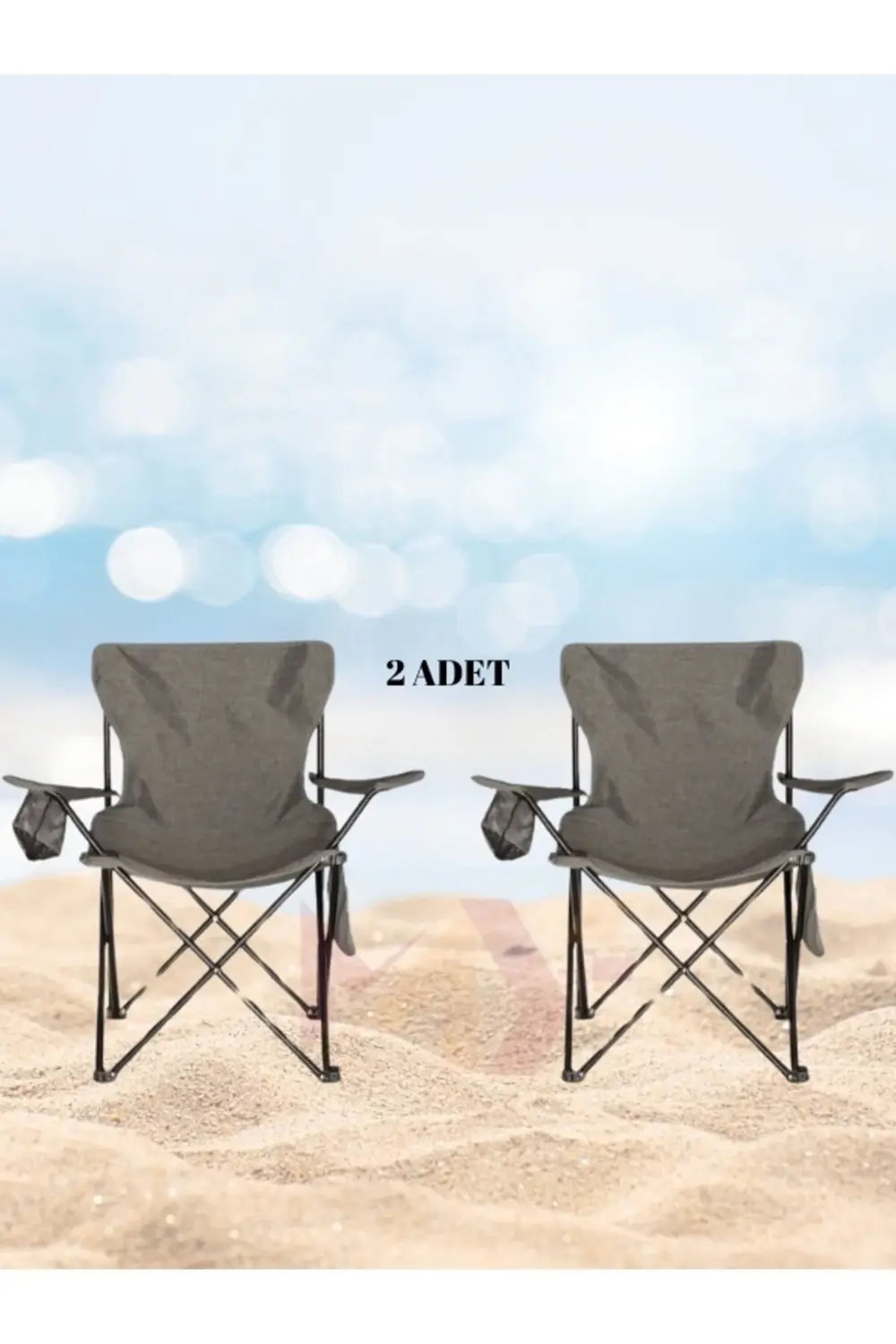 2 Adet Gri Kamp Sandalyesi 2'li Katlanabilir Cepli Sandalye Rejis