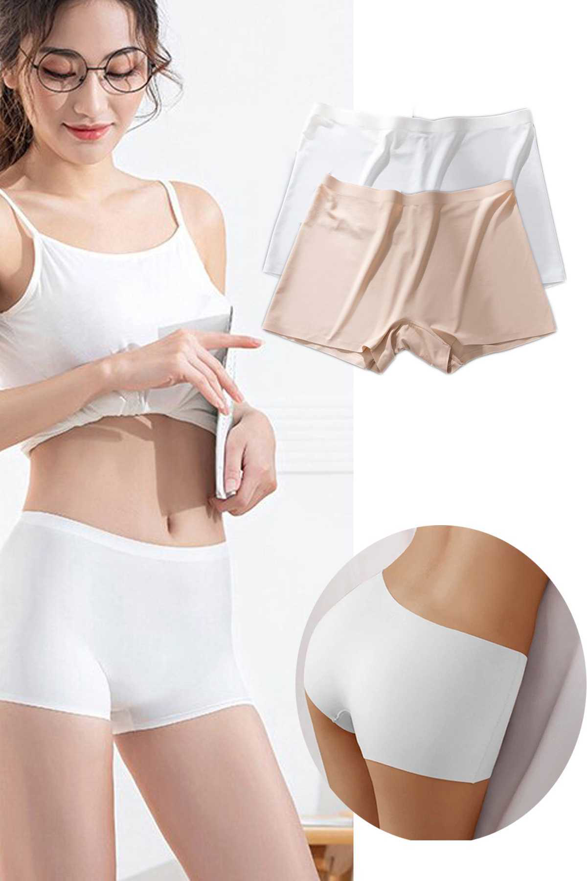 Just Cheap Store 2 Adet Kadin Dikişsiz Görünmez İz Yapmaz Mini Şort Boxer Beyaz Te