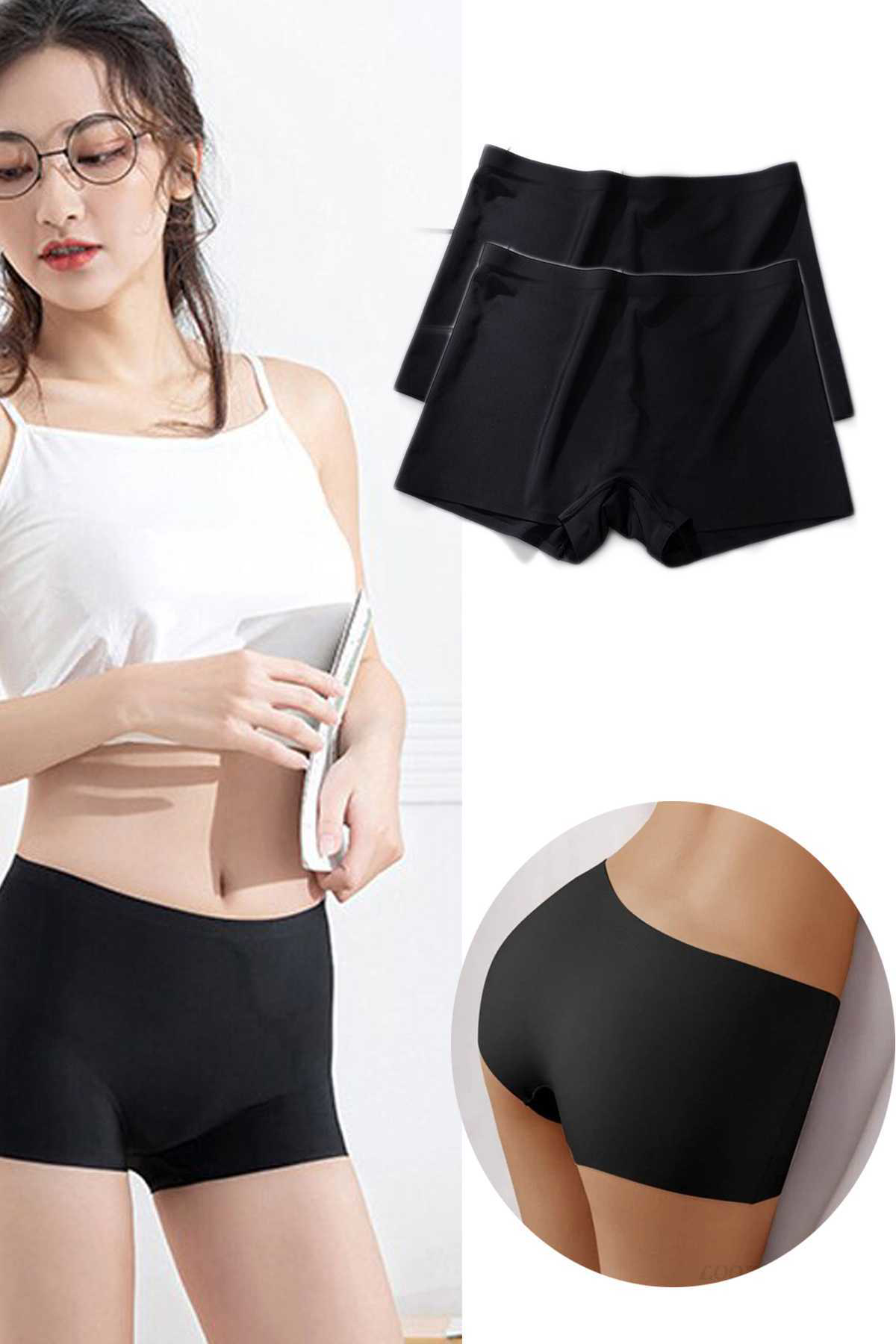 Just Cheap Store 2 Adet Kadin Dikişsiz Görünmez İz Yapmaz Mini Şort Boxer Siyah