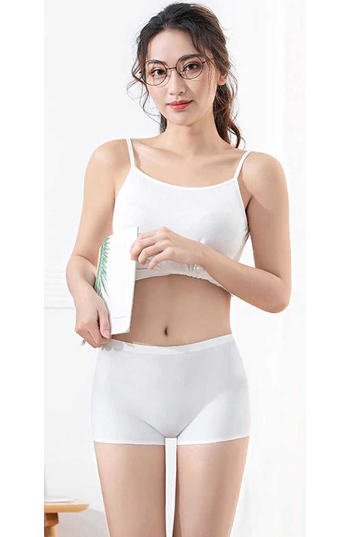 Just Cheap Store 2 Adet Kadin Dikişsiz Görünmez İz Yapmaz Mini Şort Boxer Beyaz Te