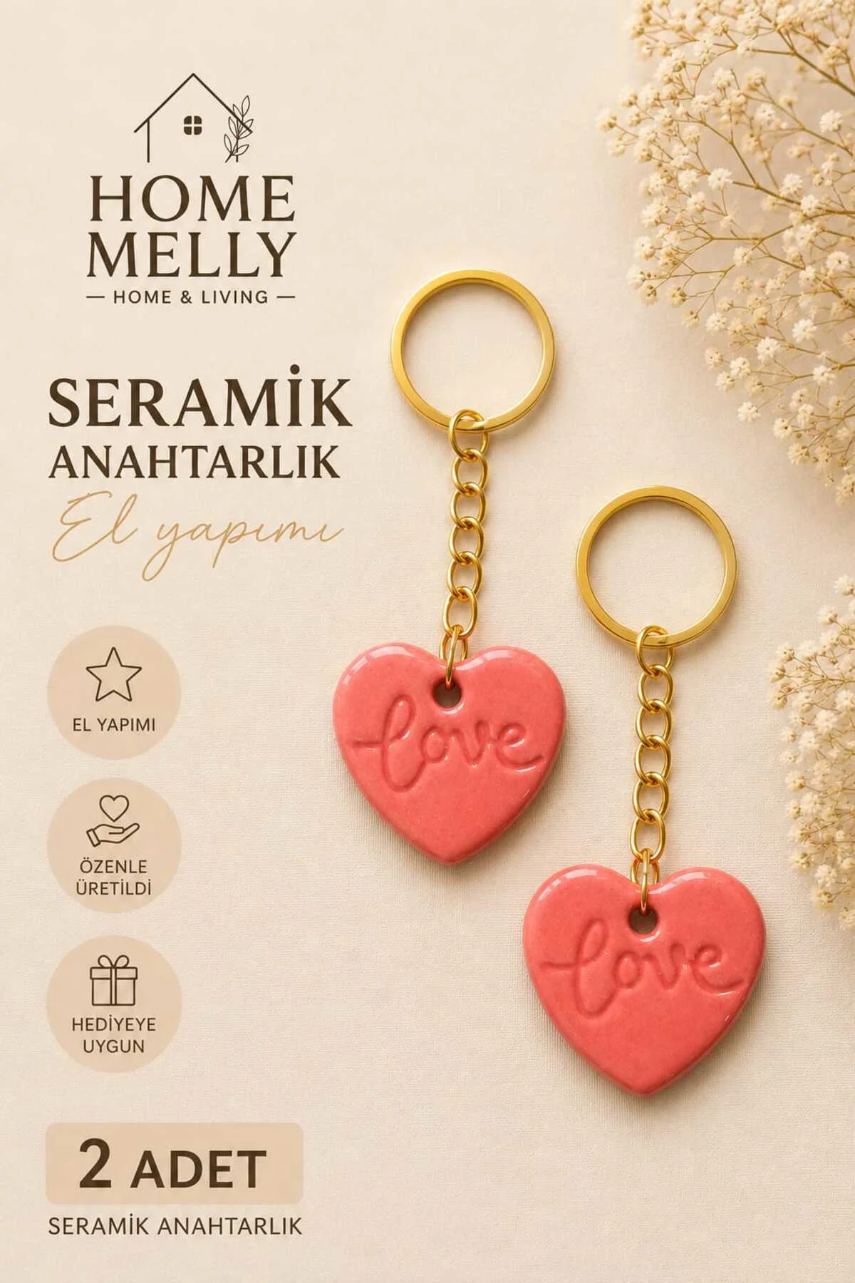 2 Adet Kalp Detaylı El Yapımı Seramik Anahtarlık, Hand Made Hediyelik